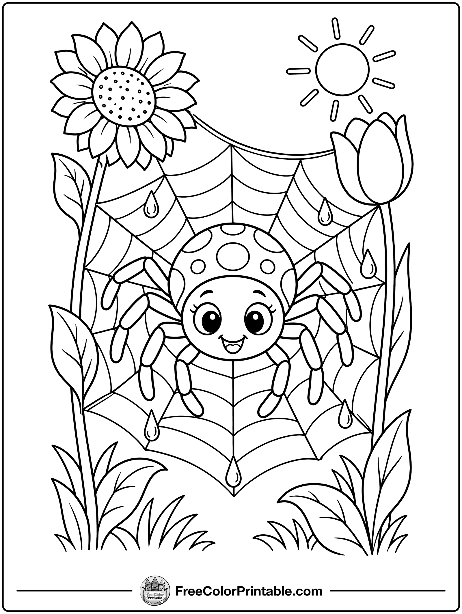 Friendly Spider in a Garden Web Coloring Page — free color printable