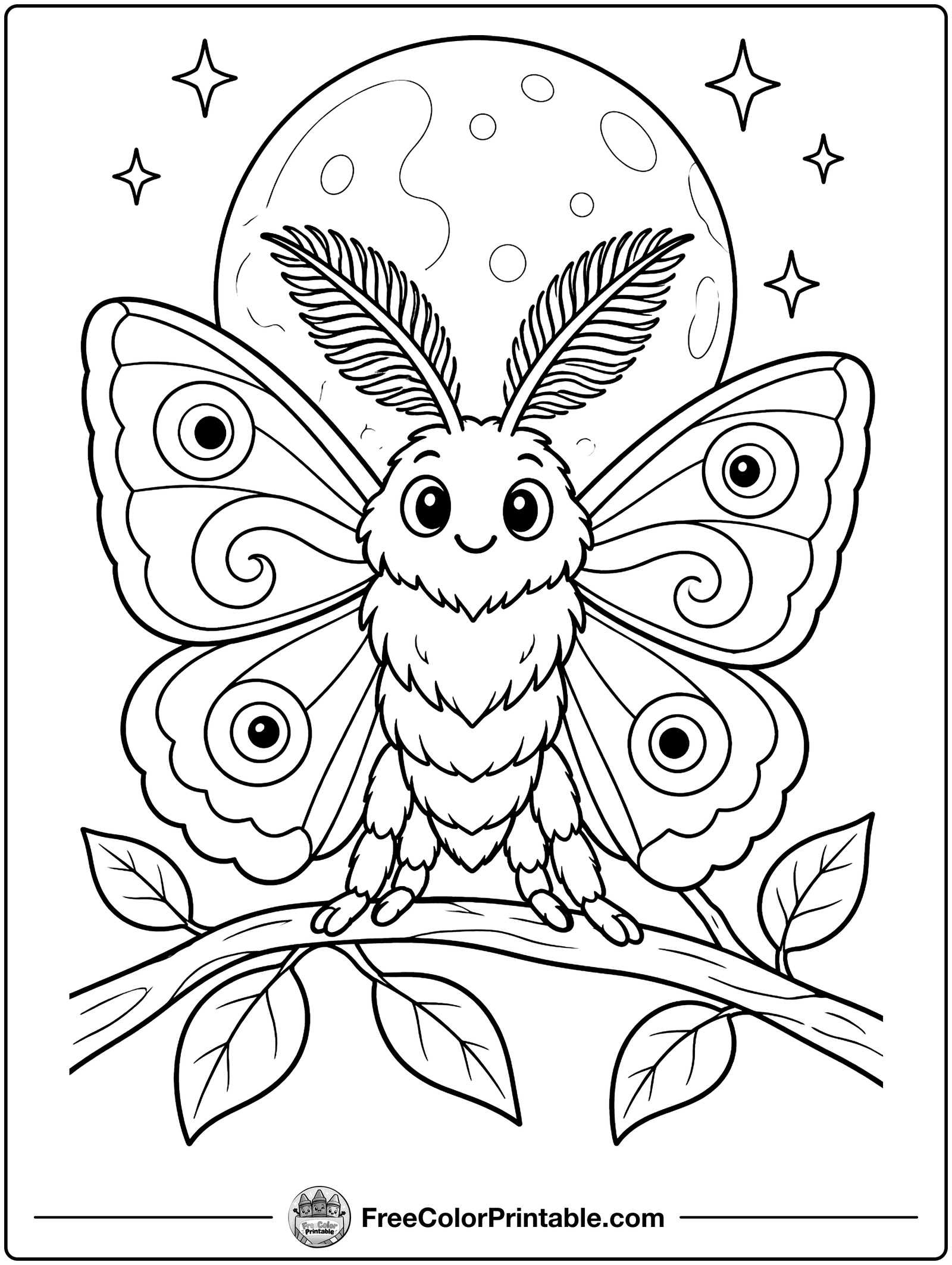 Fuzzy Moth Under the Moon Coloring Page — free color printable
