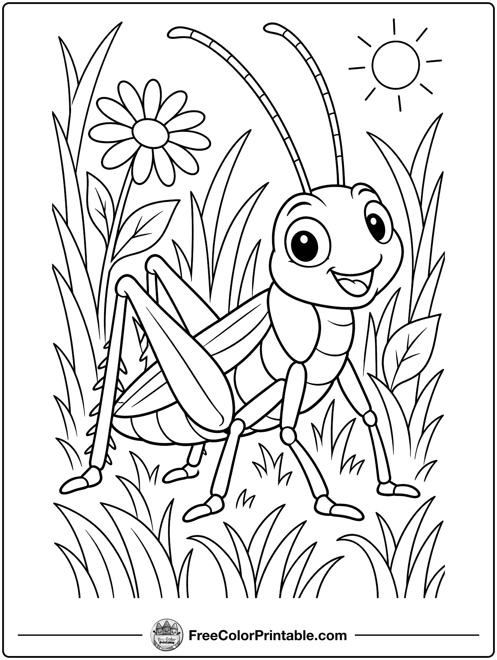 Grasshopper Jumping in the Grass Coloring Page — free color printable