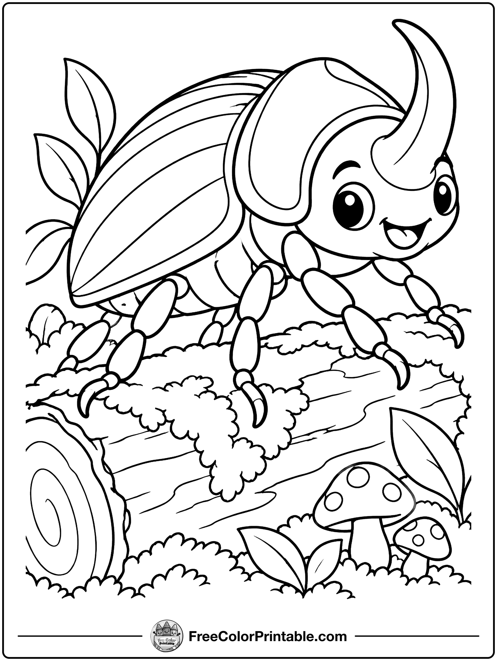 Horned Beetle on a Log Coloring Page — free color printable