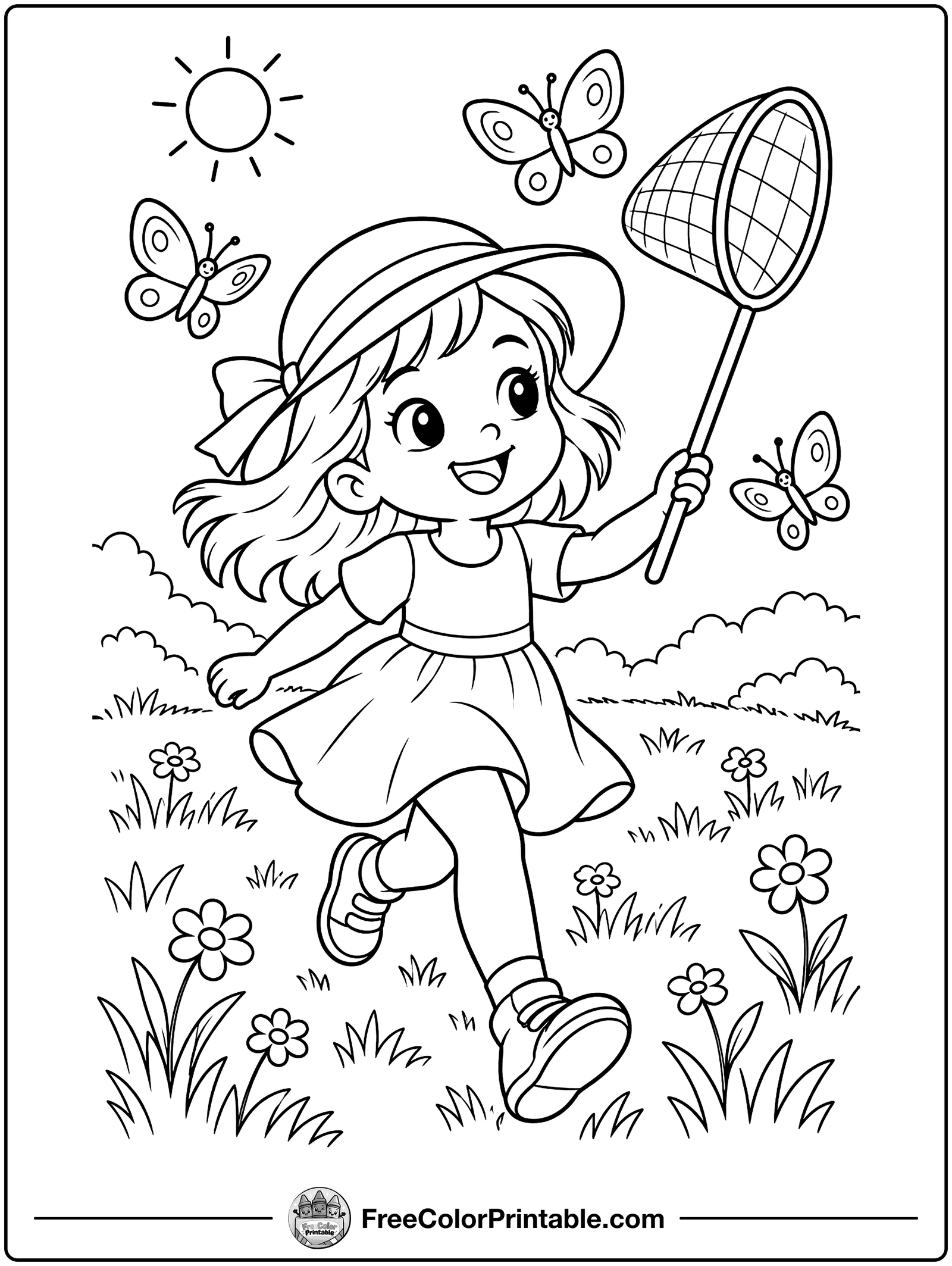 Kid with a Butterfly Net Coloring Page — free color printable