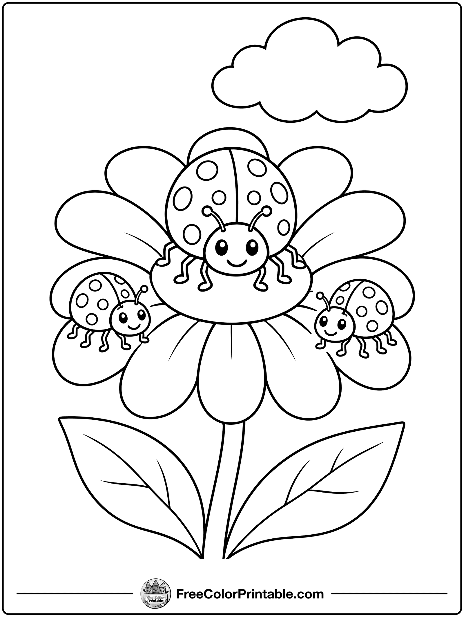 Ladybug Family on a Daisy Coloring Page — free color printable