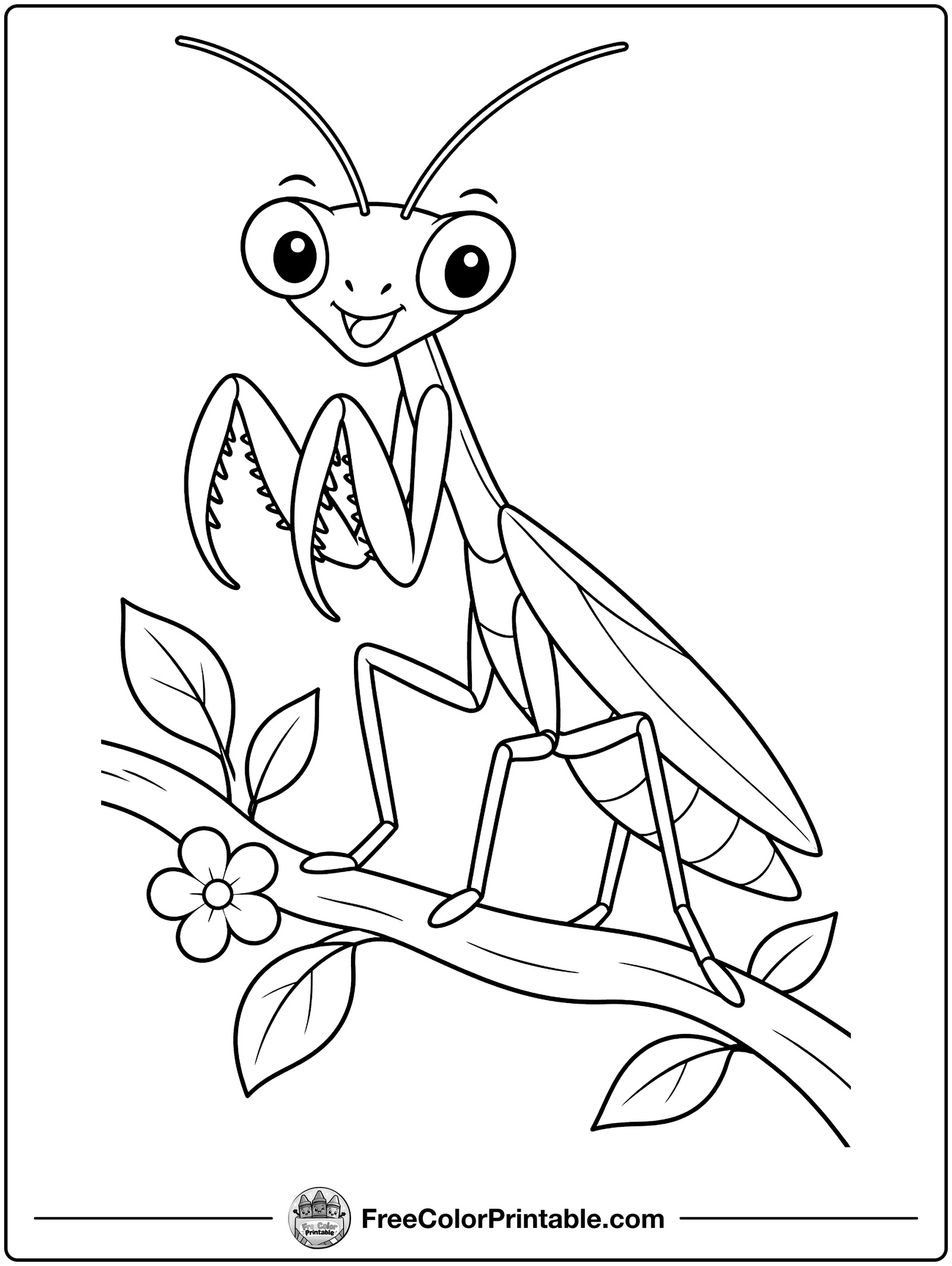 Praying Mantis on a Branch Coloring Page — free color printable
