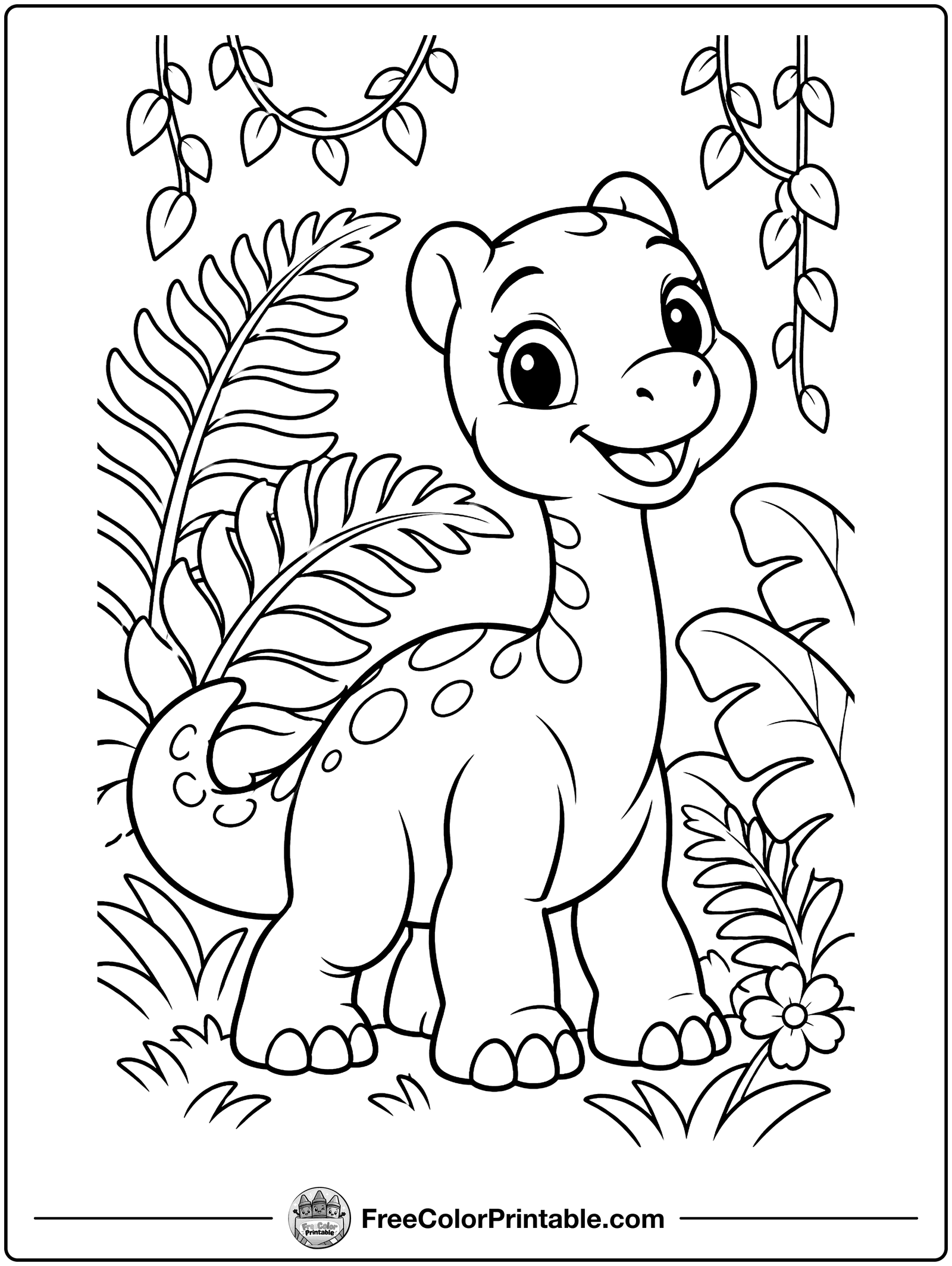 Baby Dinosaur in the Jungle Coloring Page — free color printable