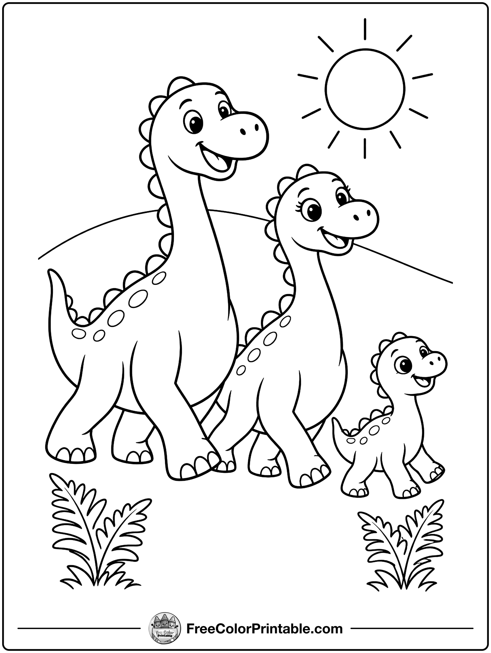 Dino Family Walking Together Coloring Page — free color printable