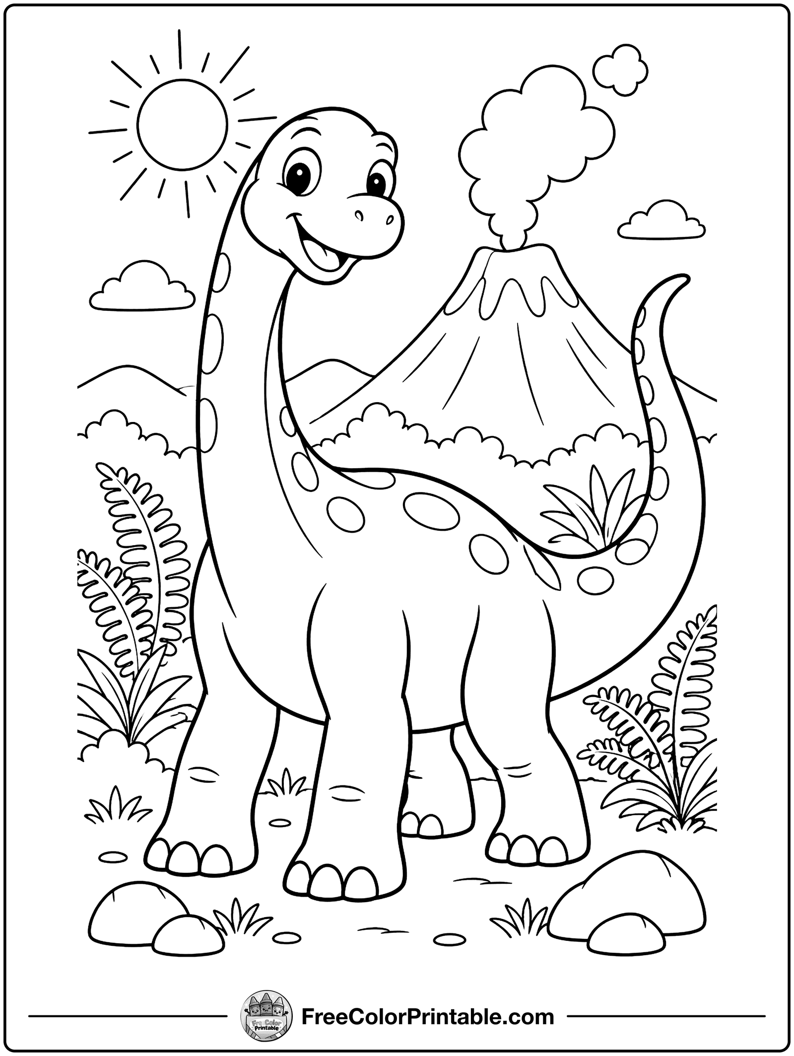 Dinosaur and a Smoking Volcano Coloring Page — free color printable