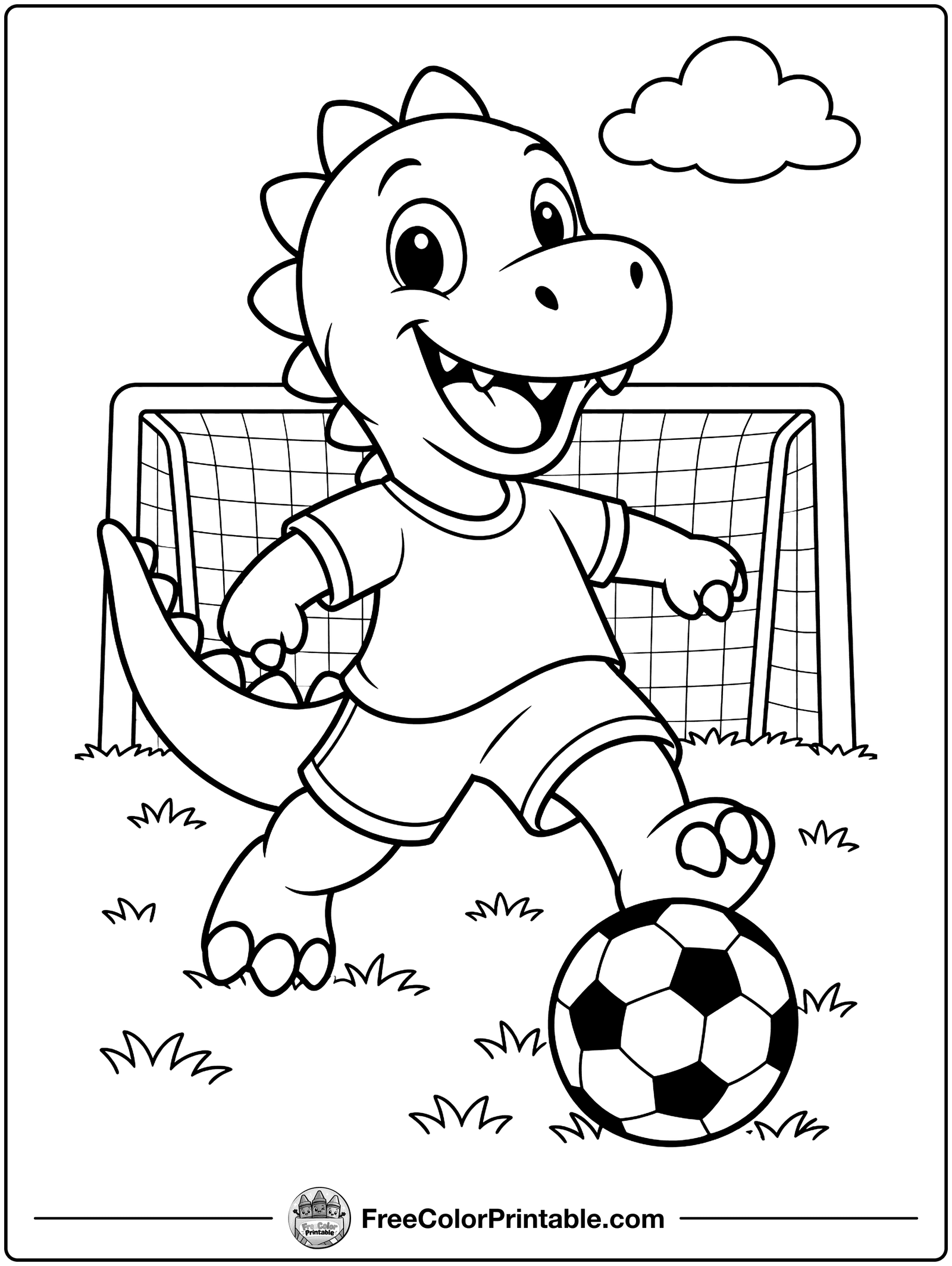 Dinosaur Kicking a Soccer Ball Coloring Page — free color printable