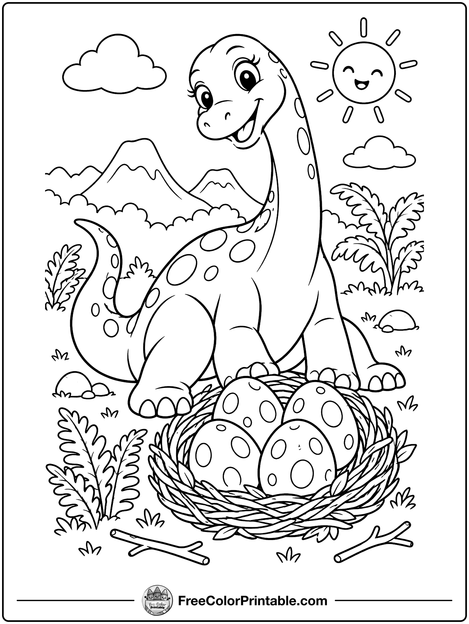 Dinosaur Mom with Her Nest Coloring Page — free color printable