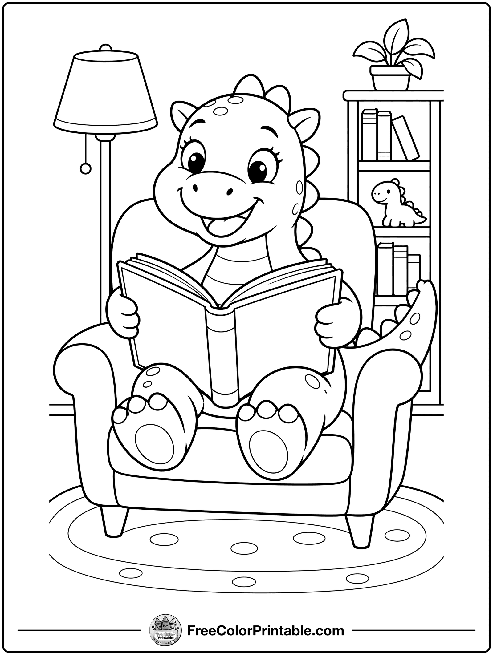 Dinosaur Reading a Storybook Coloring Page — free color printable