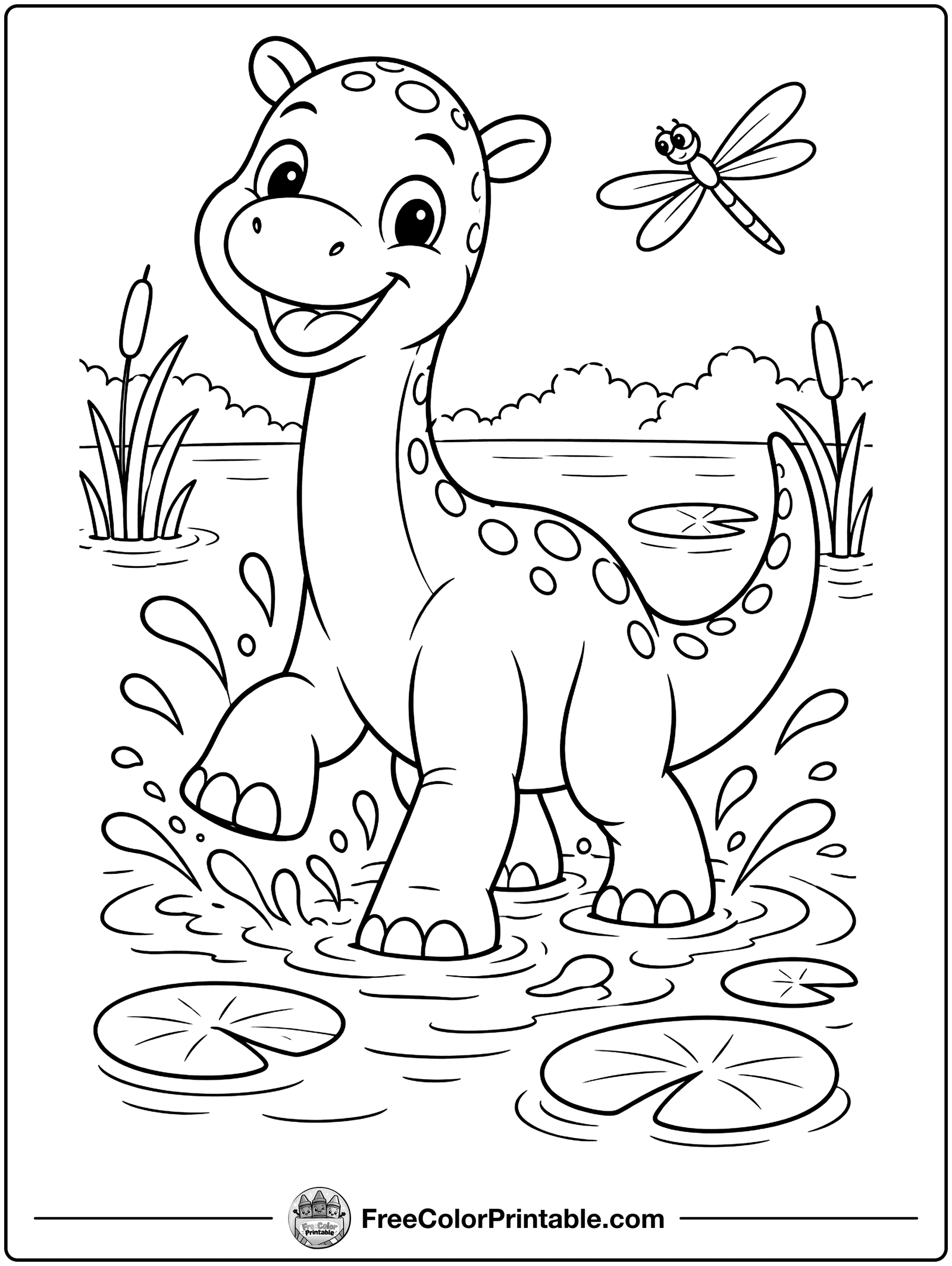 Dinosaur Splashing in the Lake Coloring Page — free color printable