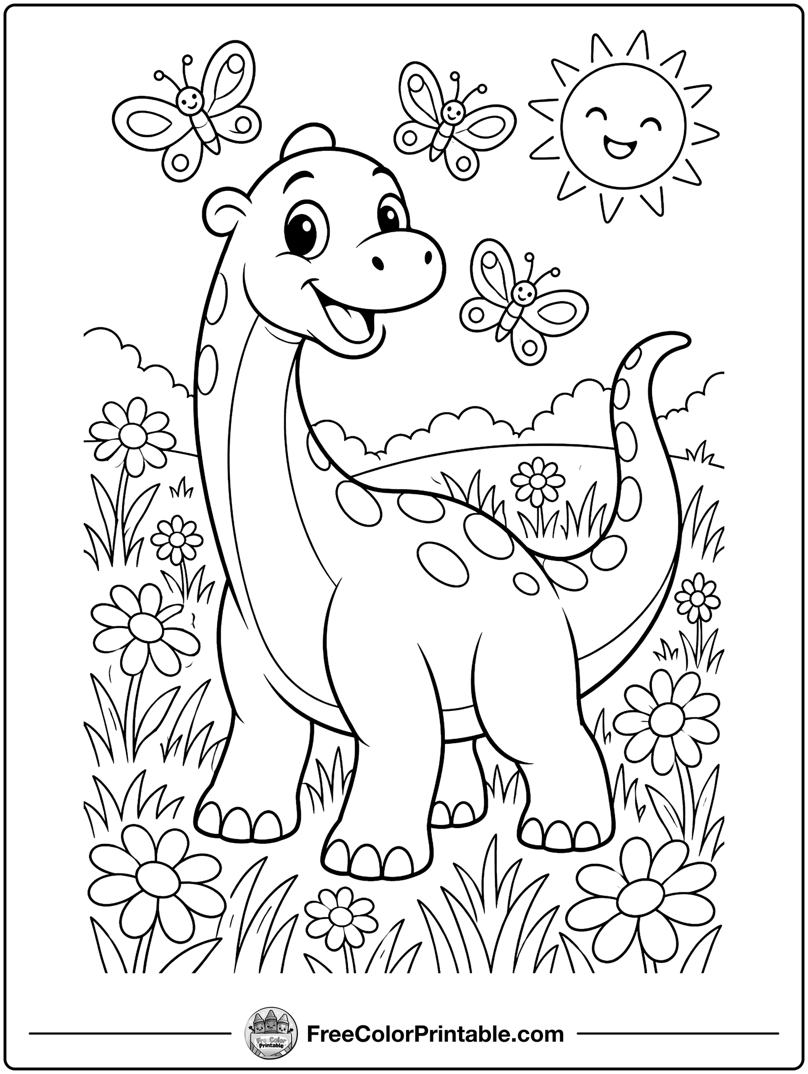 Dinosaur with Butterflies Coloring Page — free color printable