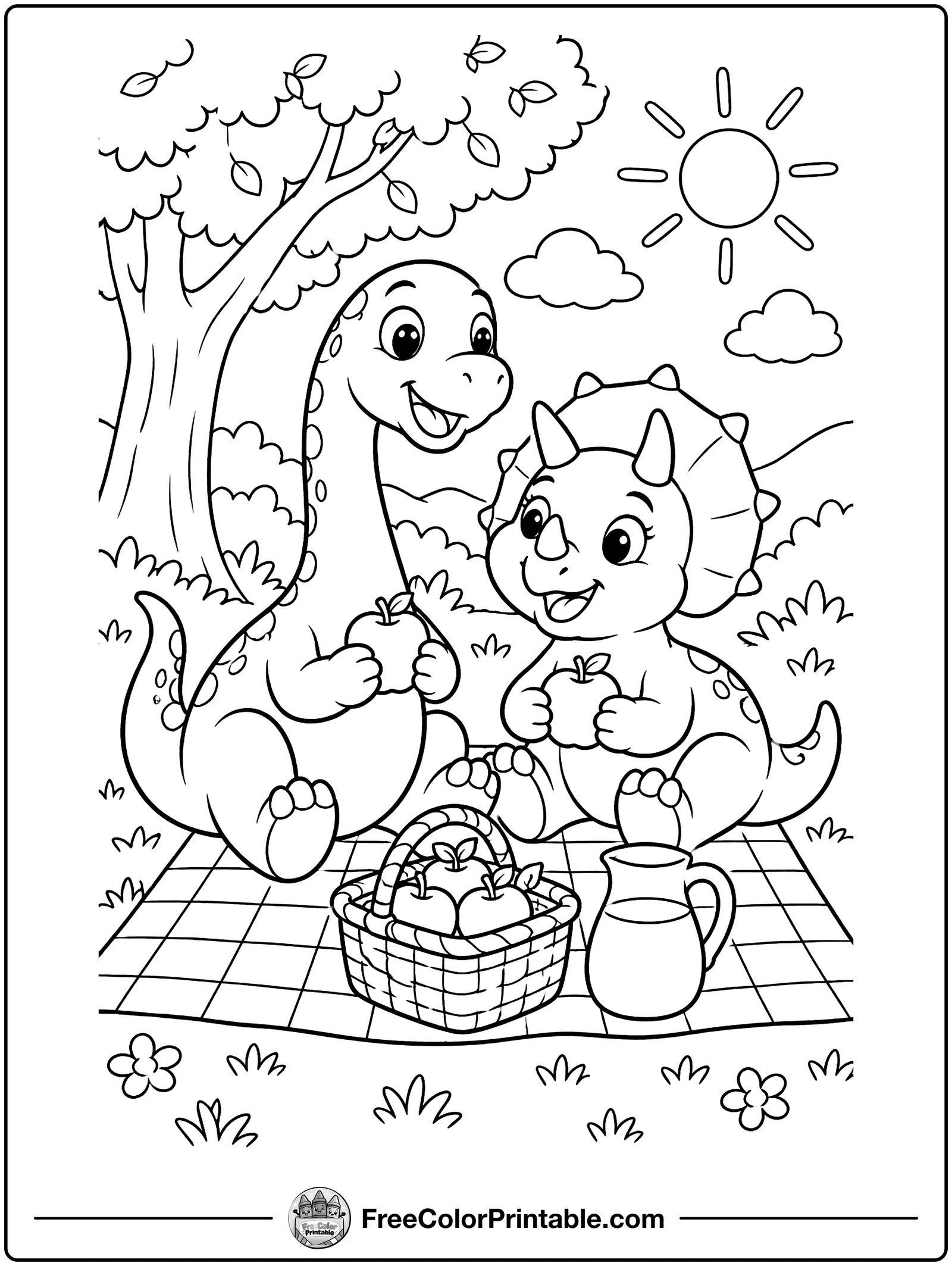 Dinosaurs Having a Picnic Coloring Page — free color printable