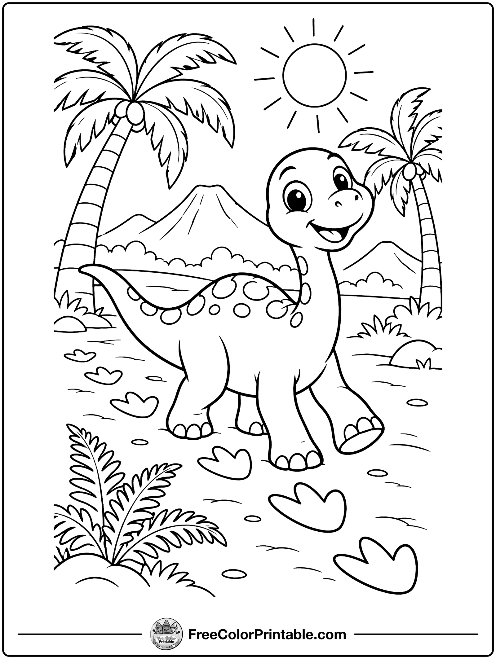 Following Dinosaur Footprints Coloring Page — free color printable