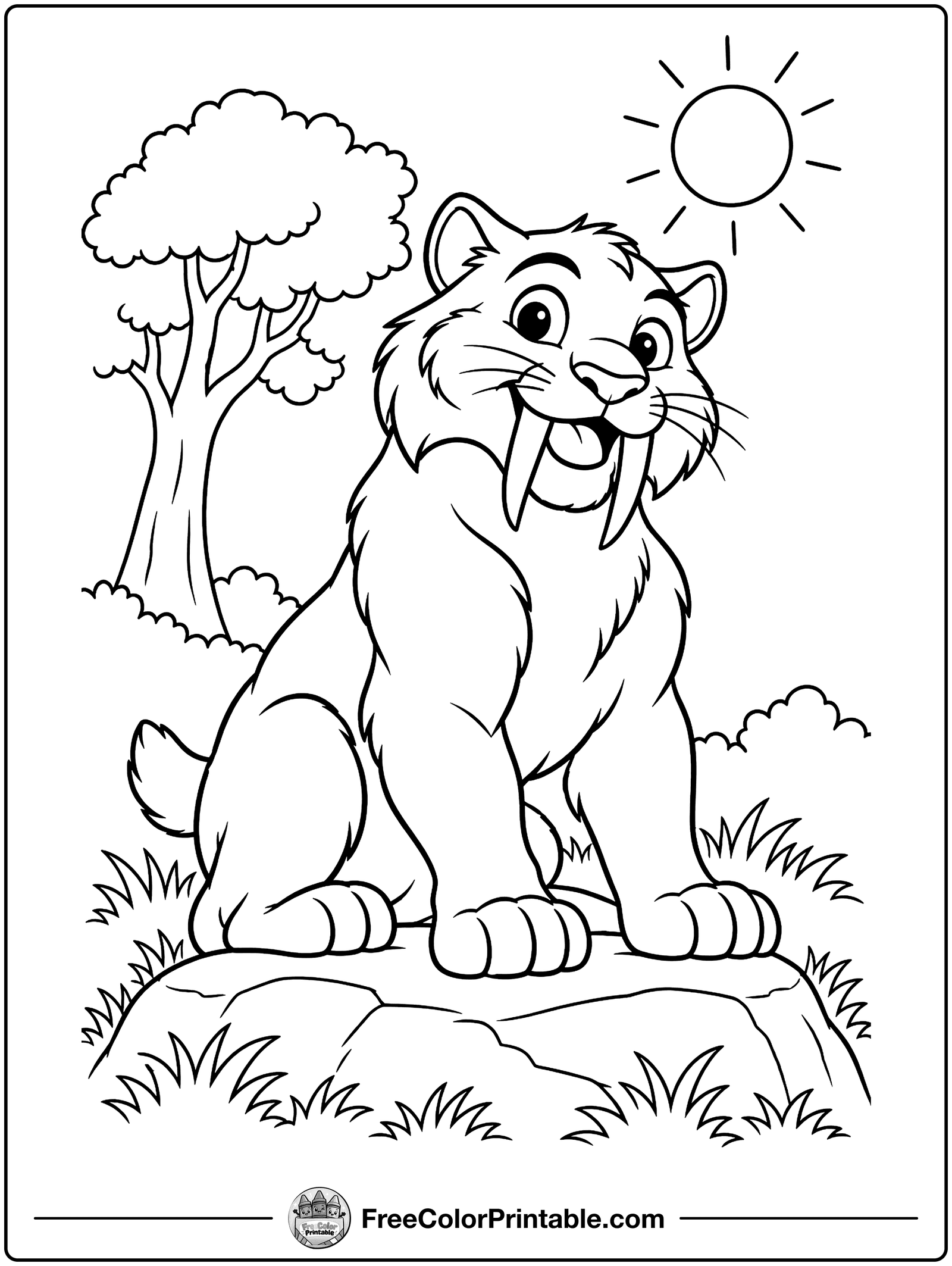 Friendly Saber-Toothed Cat Coloring Page — free color printable