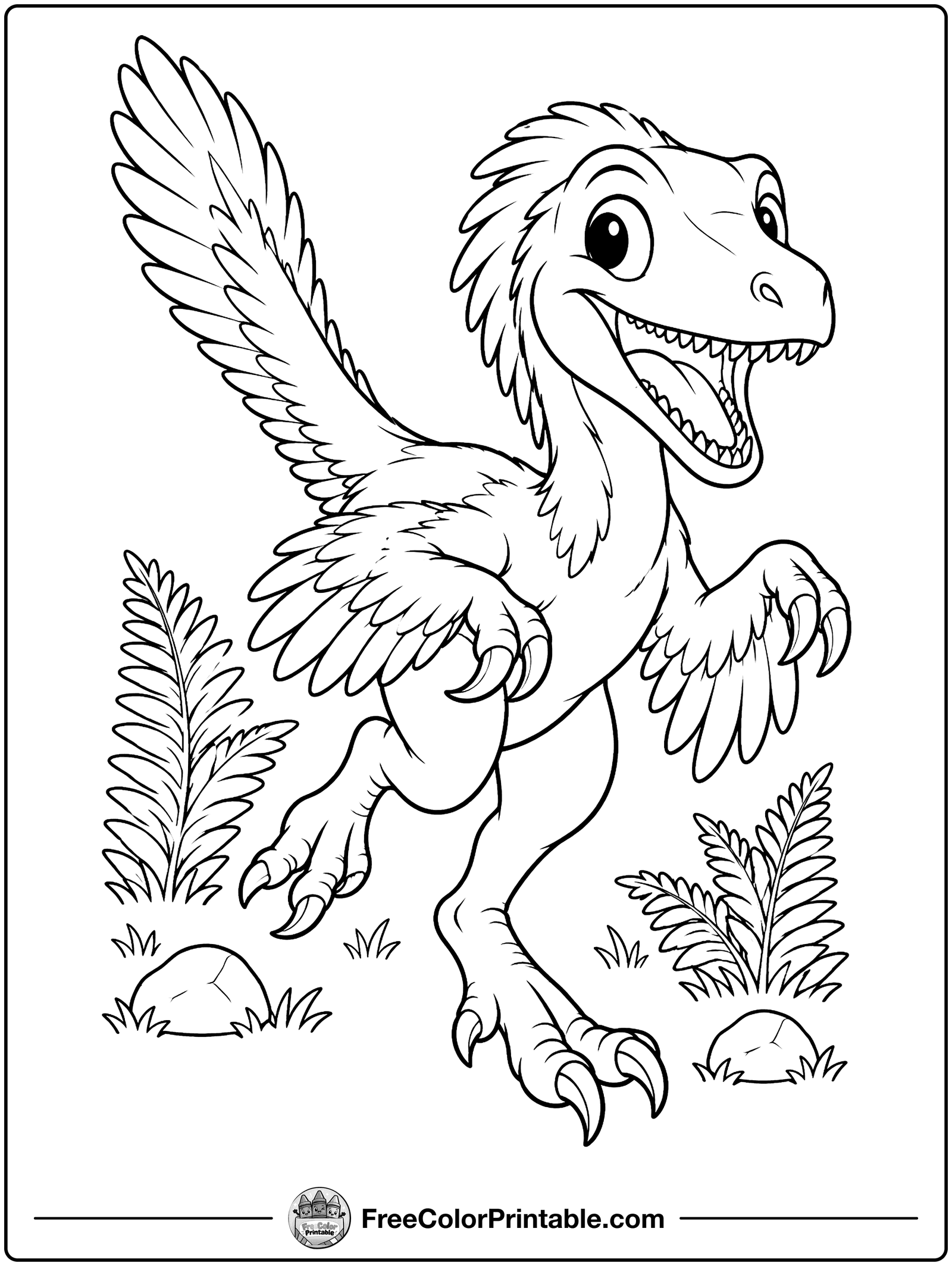Happy Velociraptor Running Coloring Page — free color printable