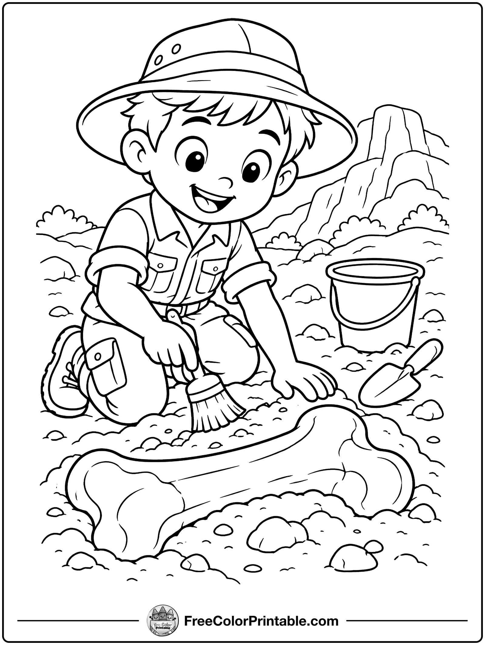 Little Paleontologist Digging a Fossil Coloring Page — free color printable