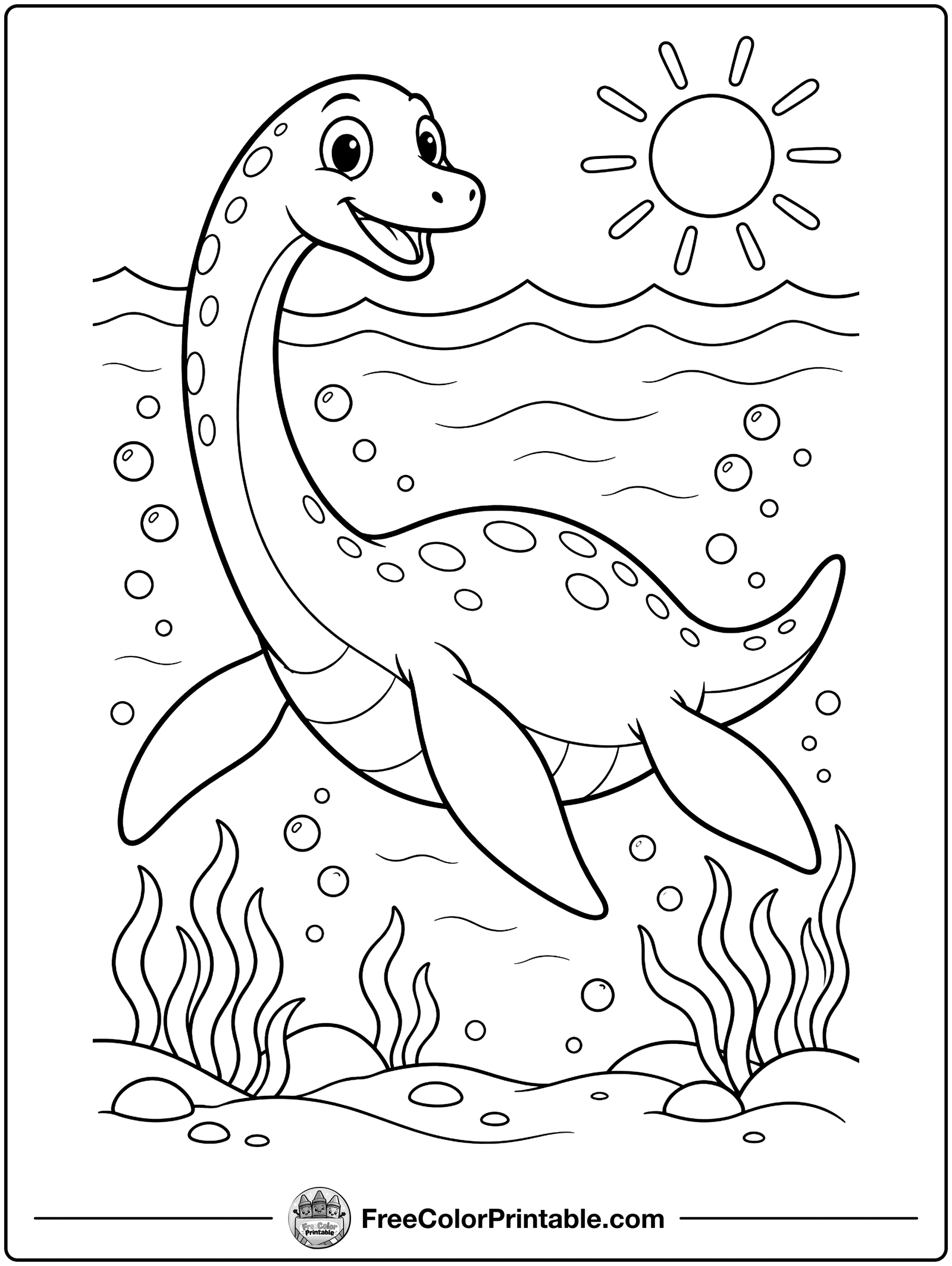 Plesiosaurus Swimming in the Sea Coloring Page — free color printable