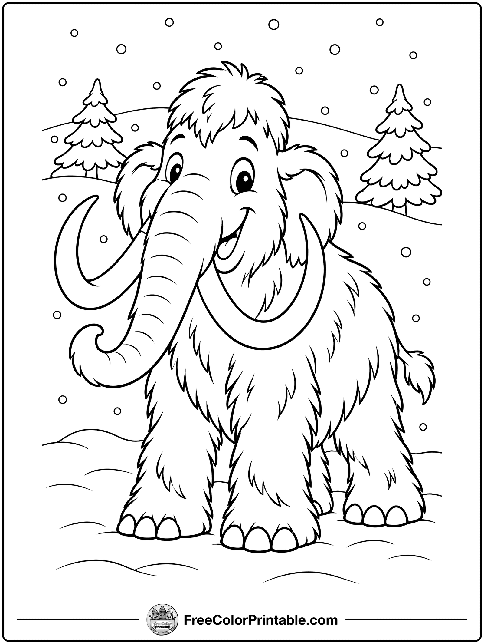 Woolly Mammoth in the Snow Coloring Page — free color printable