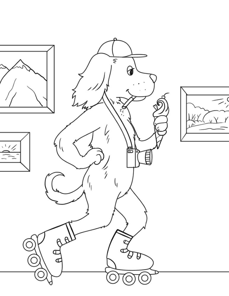 Smoking Dog With Ice Cream On Roller Skates In A Museum Coloring Page Md Coloring Page — Free Printable — free printable coloring page
