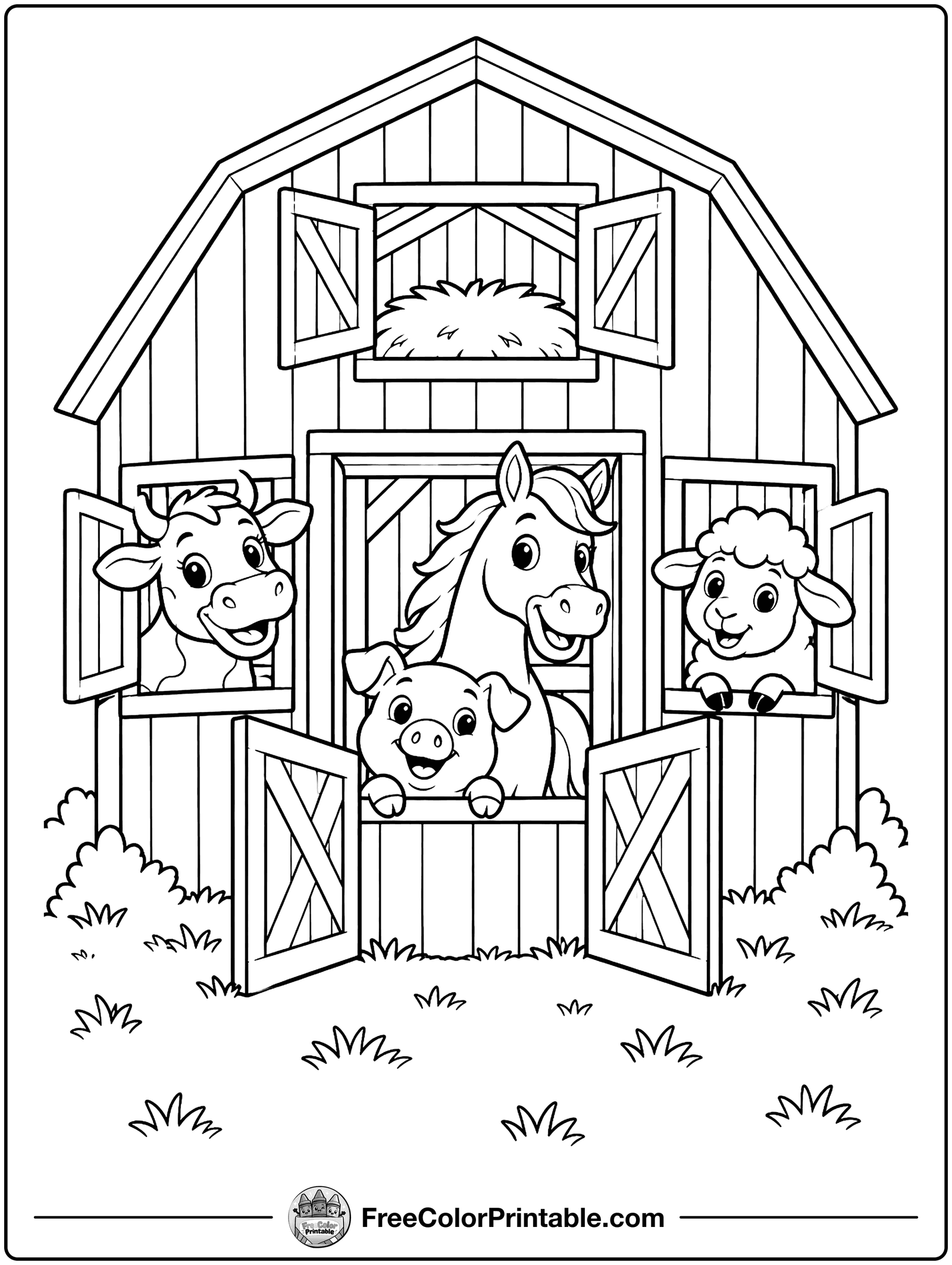 Animals Peeking Out of the Barn Coloring Page — free color printable