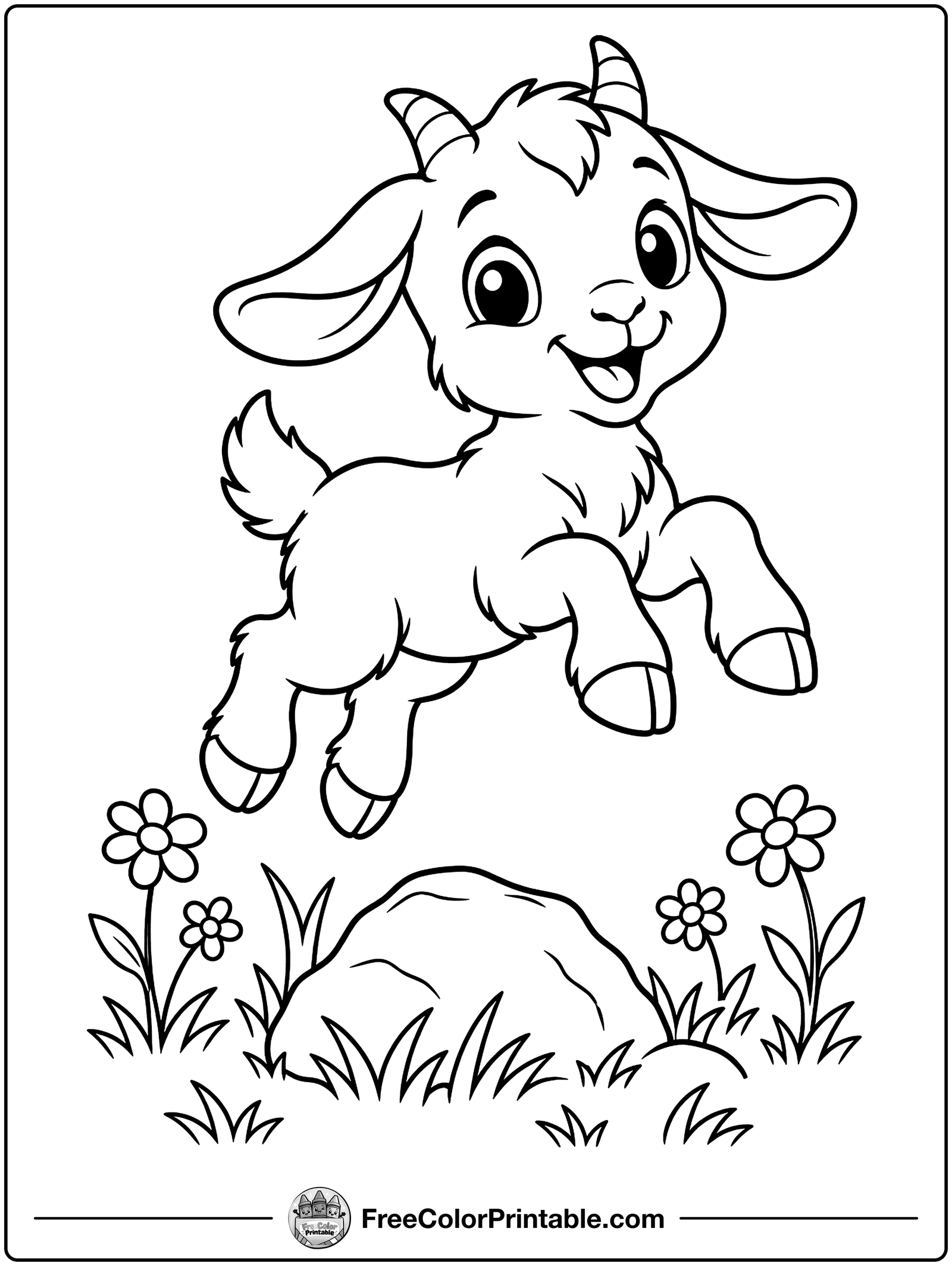 Playful Baby Goat Jumping Coloring Page — free color printable