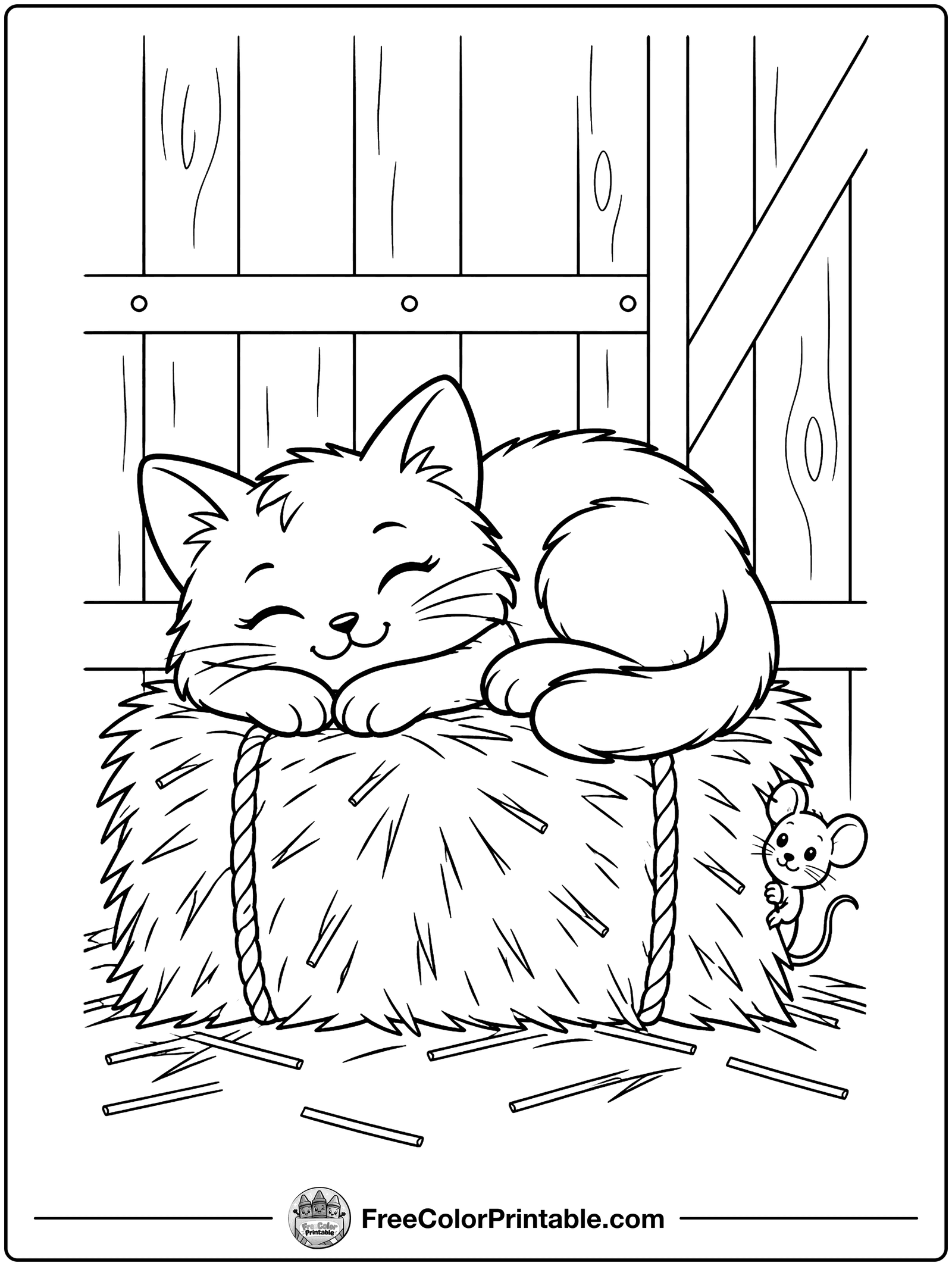Barn Cat on a Hay Bale Coloring Page — free color printable