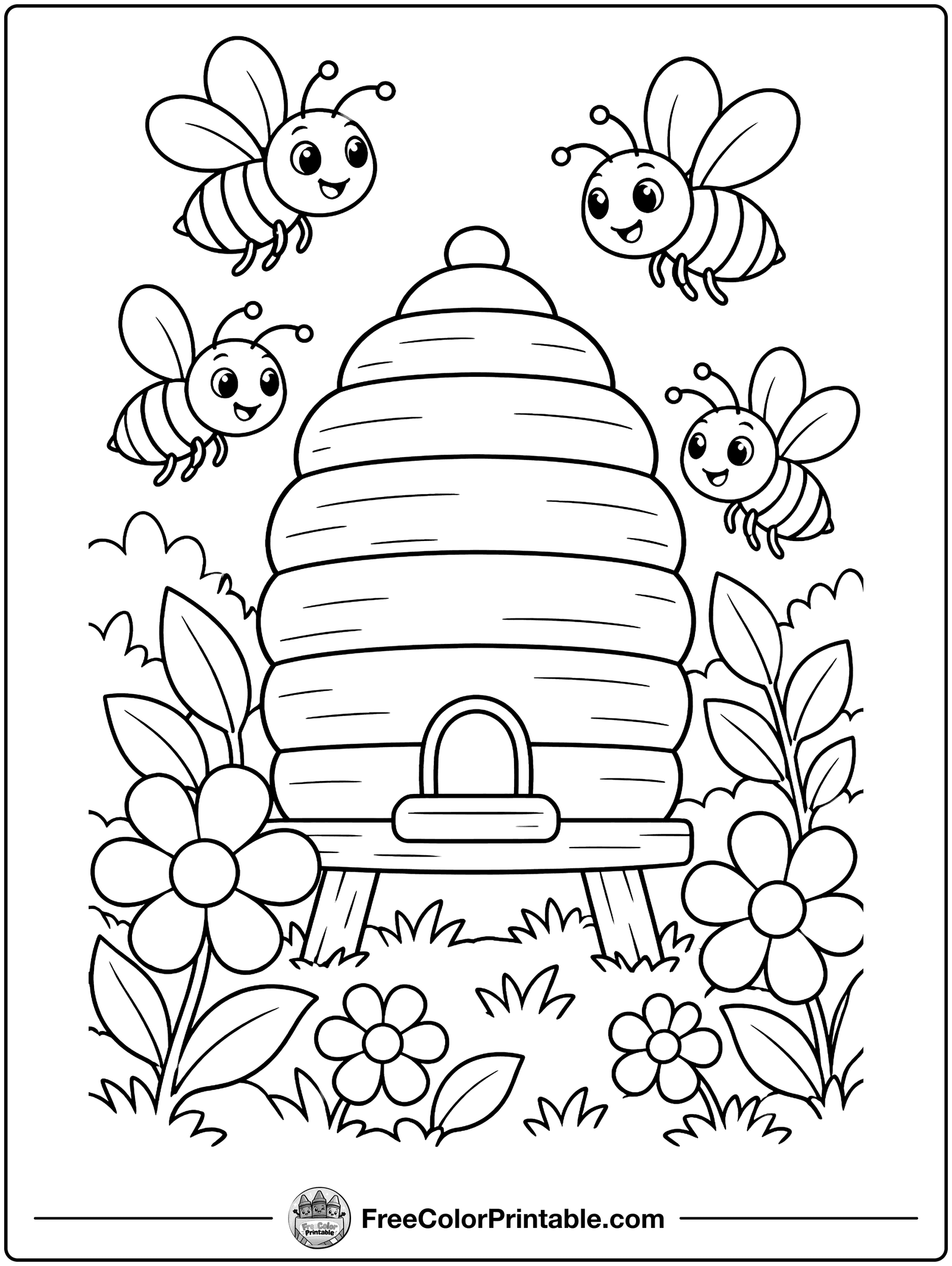 Beehive and Honeybees Coloring Page — free color printable