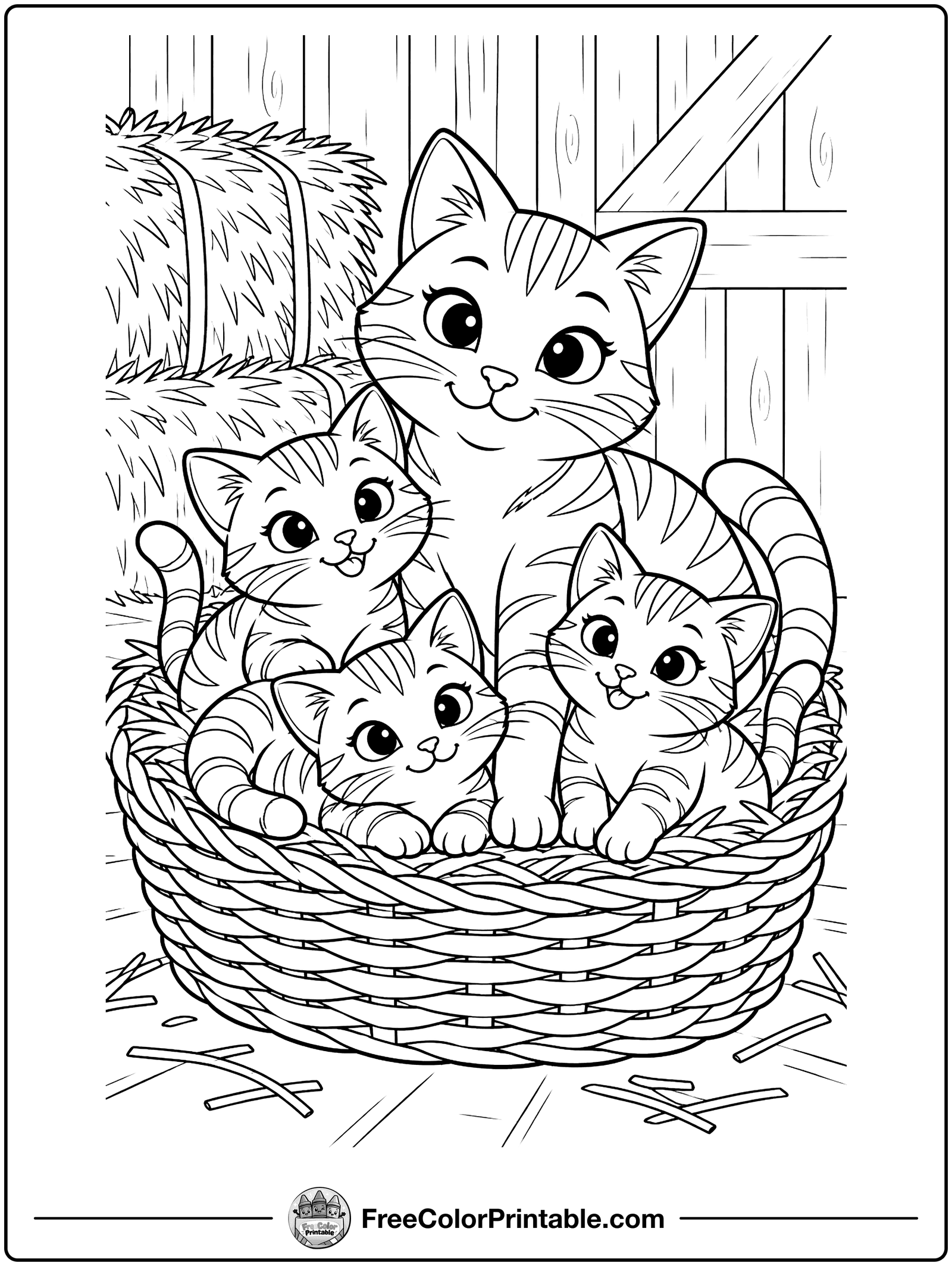 Cat and Kittens in a Basket Coloring Page — free color printable