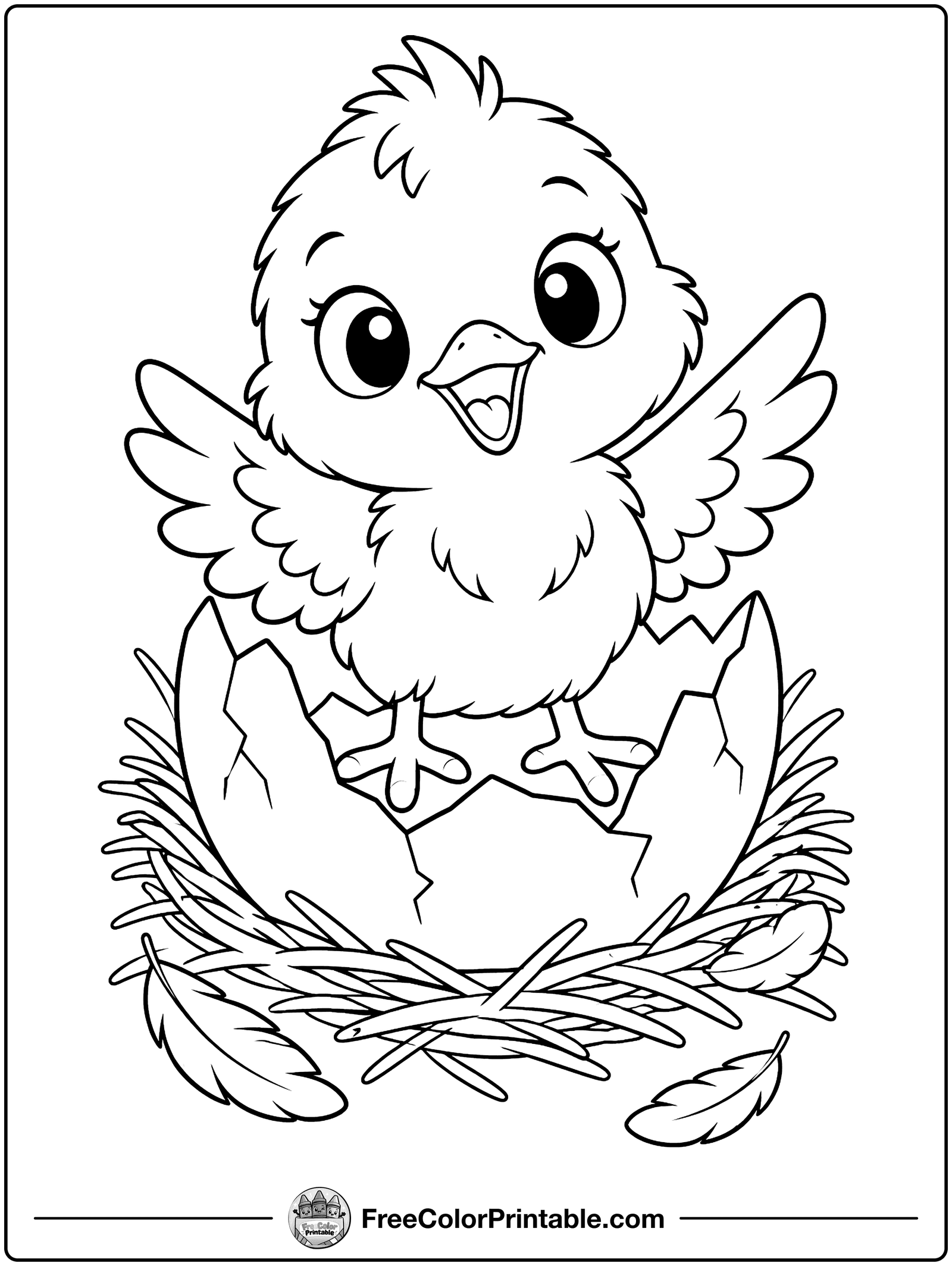 Baby Chick in a Cracked Egg Coloring Page — free color printable from FreeColorPrintable