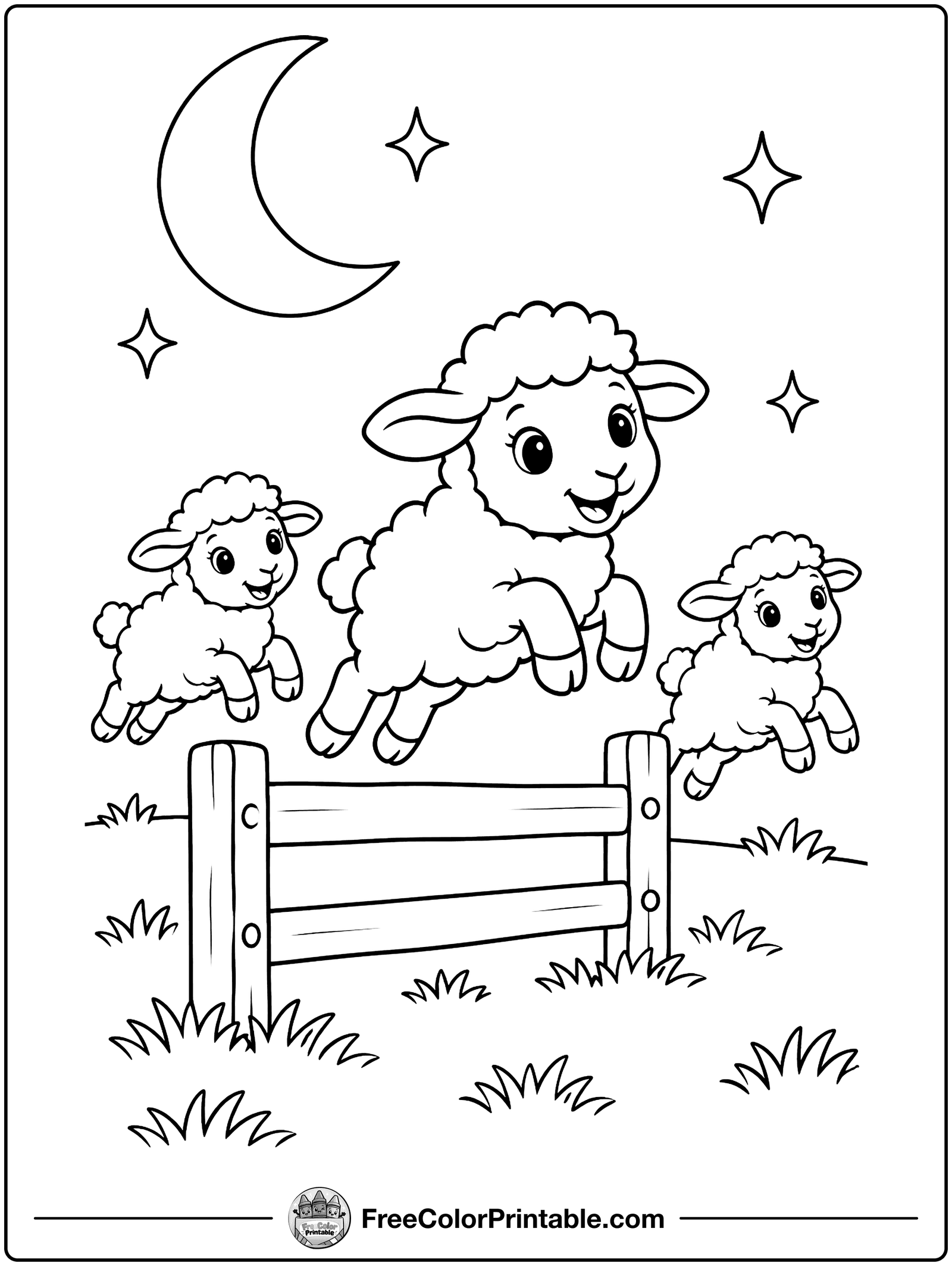 Counting Sheep at Night Coloring Page — free color printable