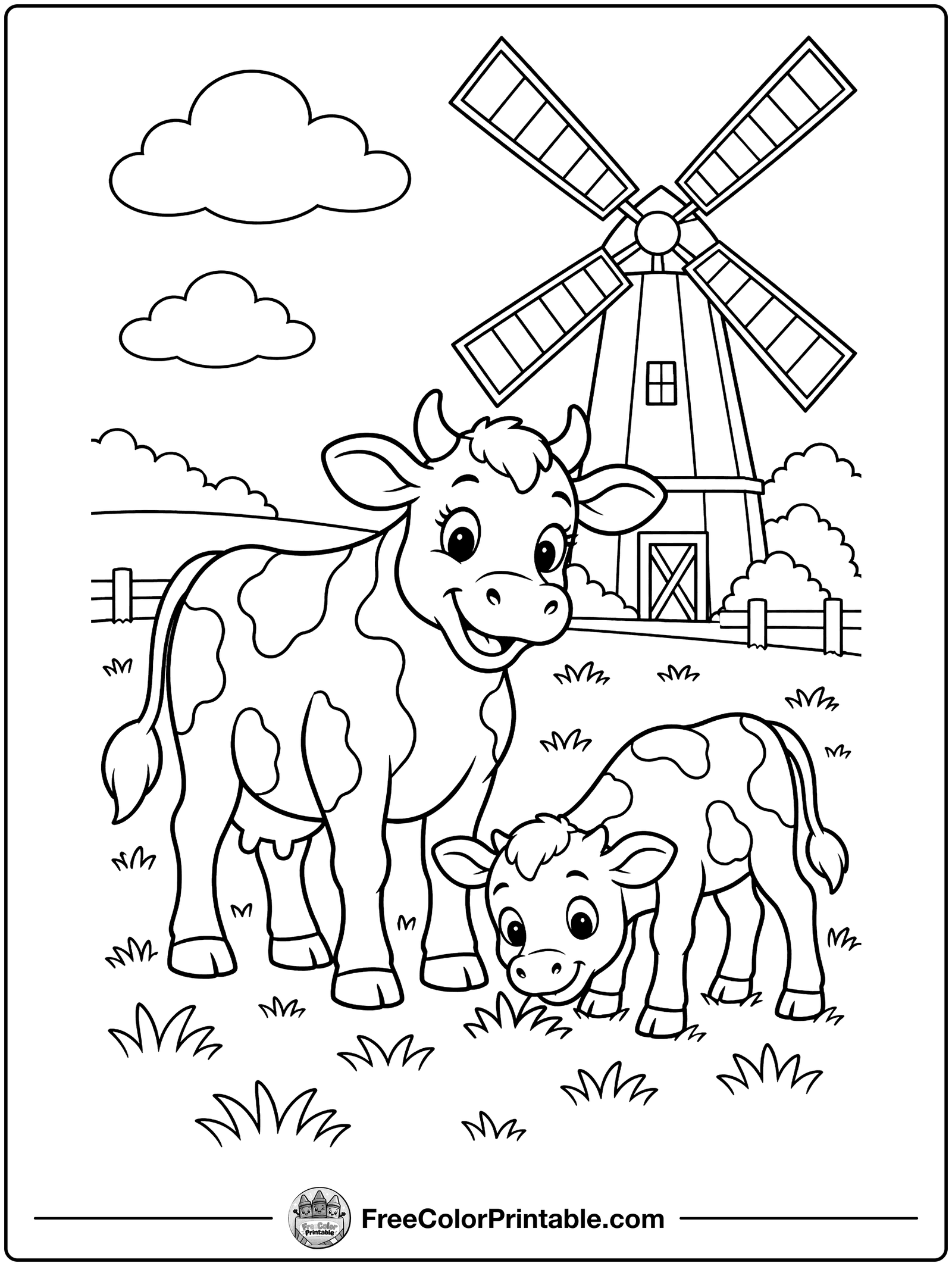 Cow and Calf by the Windmill Coloring Page — free color printable