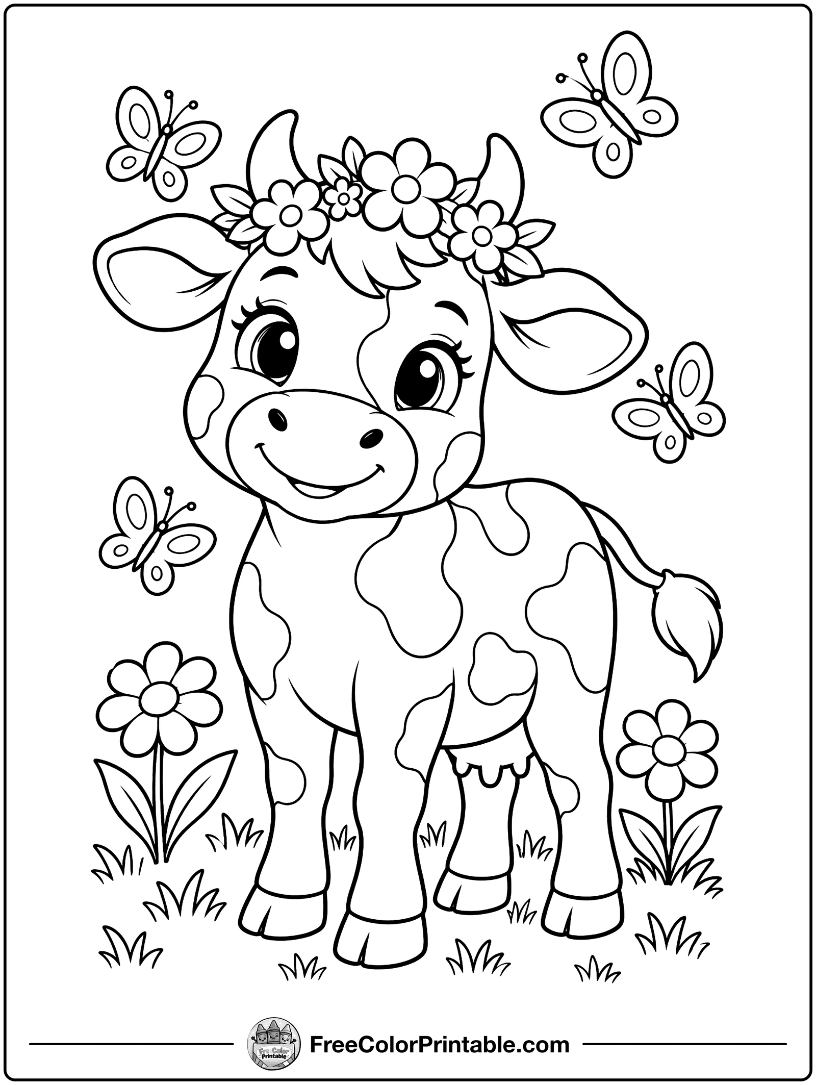 Cow with a Flower Crown Coloring Page — free color printable