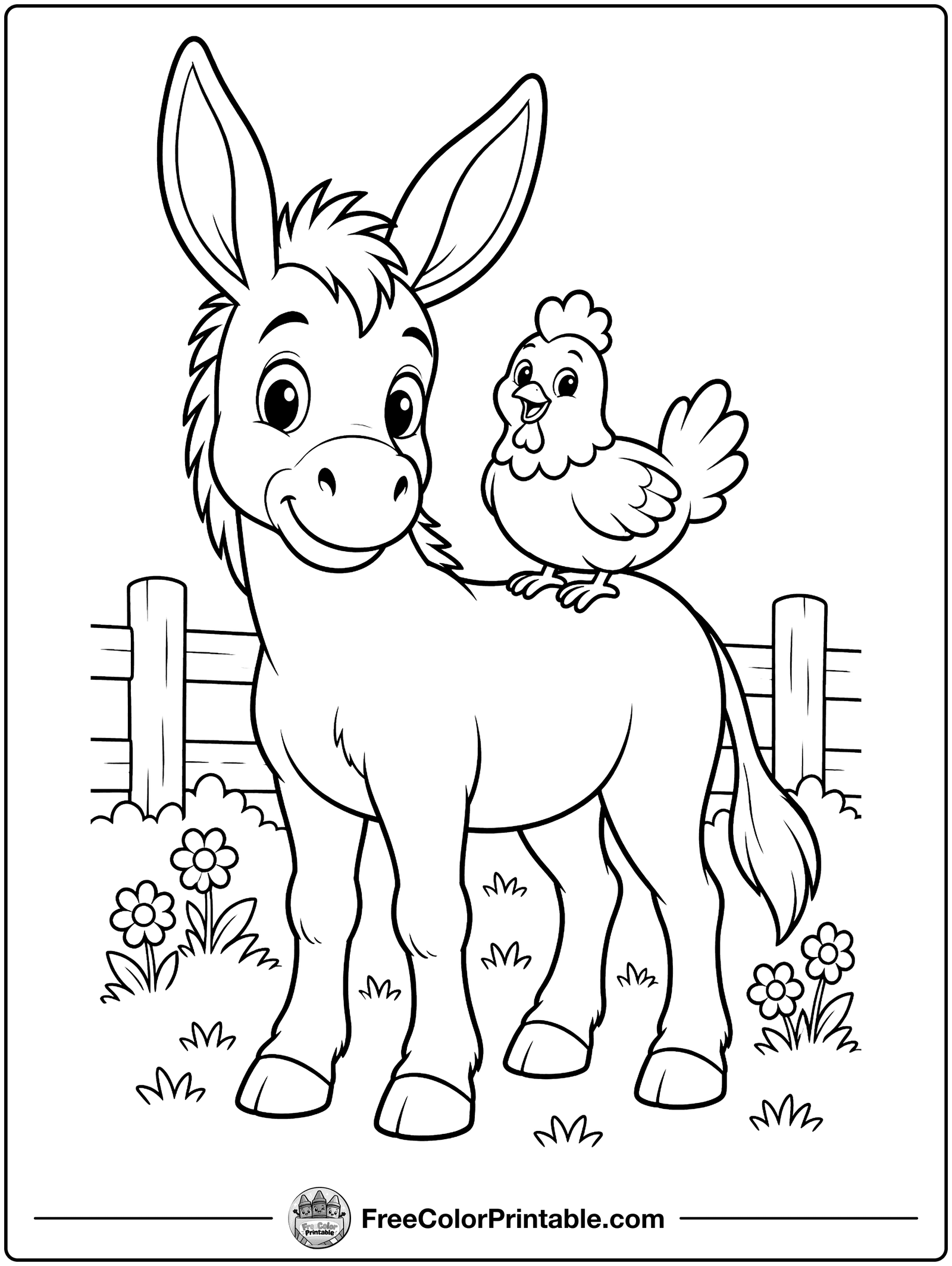 Donkey and Chicken Friends Coloring Page — free color printable