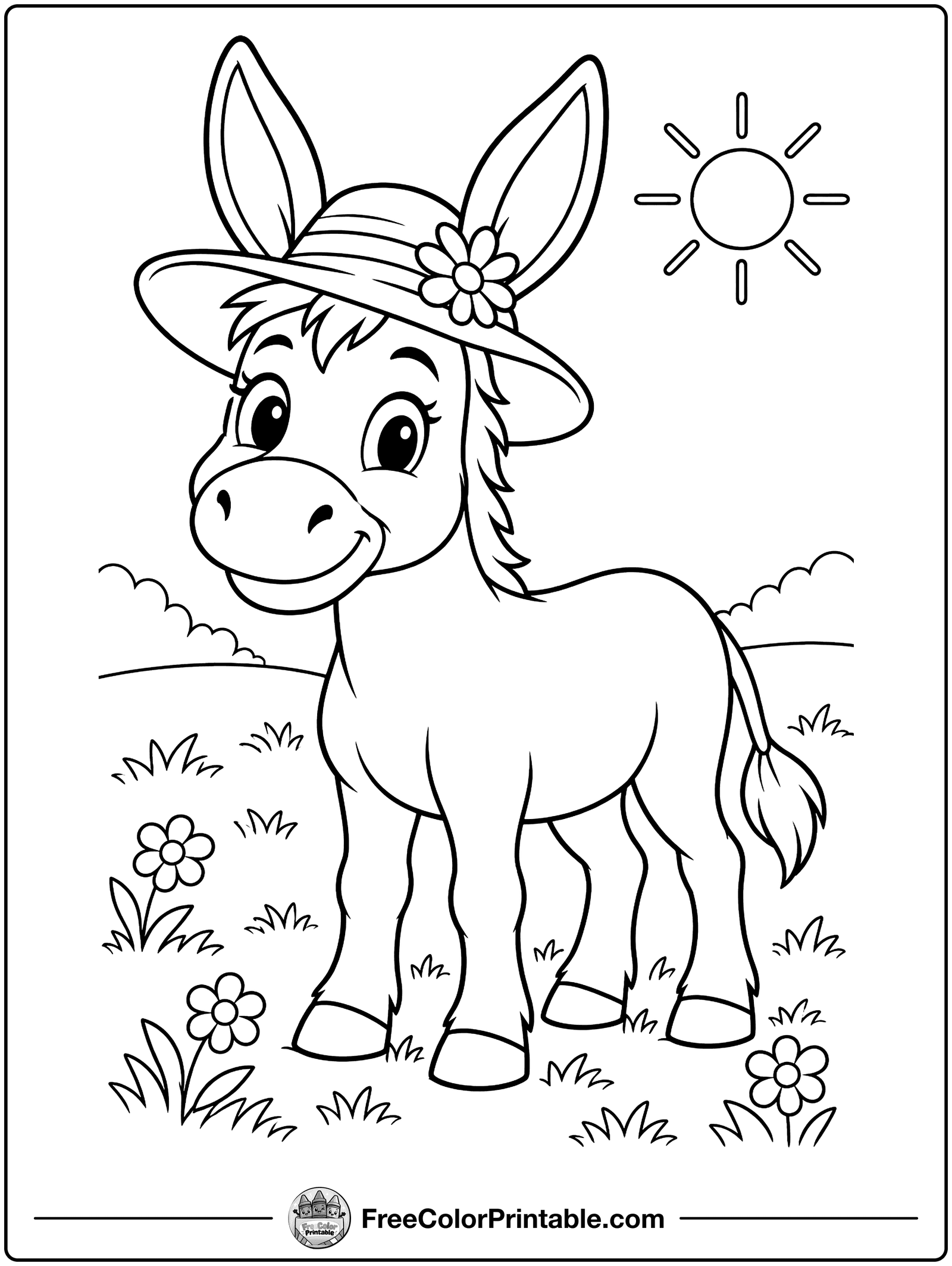 Donkey in a Straw Hat Coloring Page — free color printable