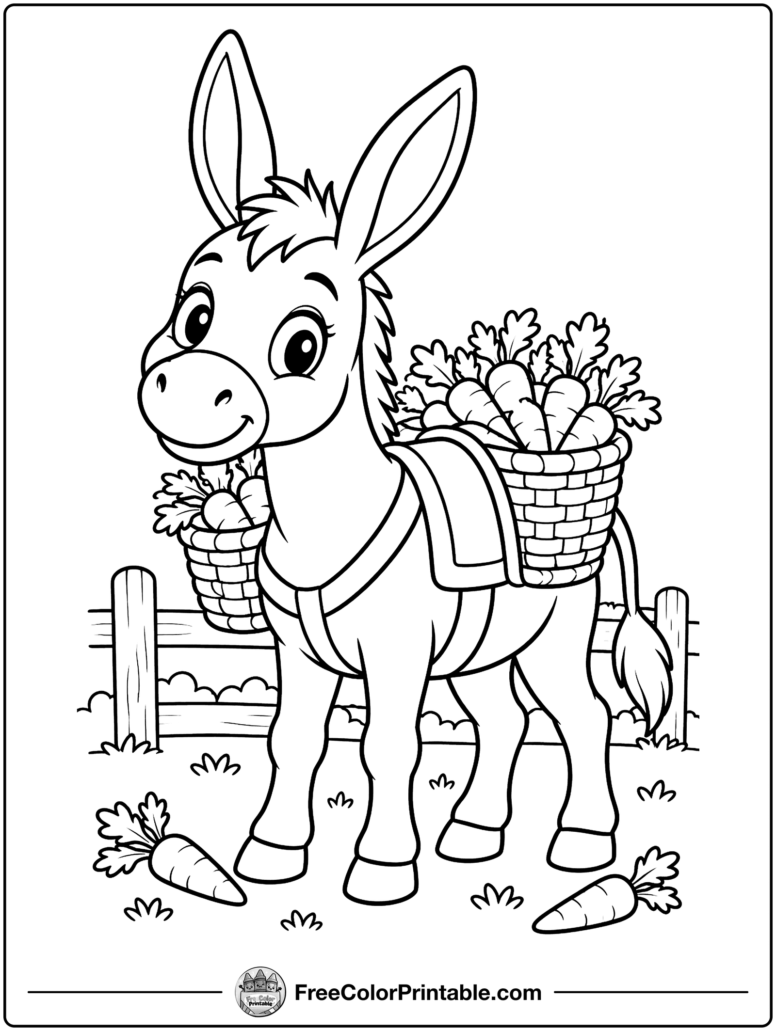 Donkey with Carrot Baskets Coloring Page — free color printable
