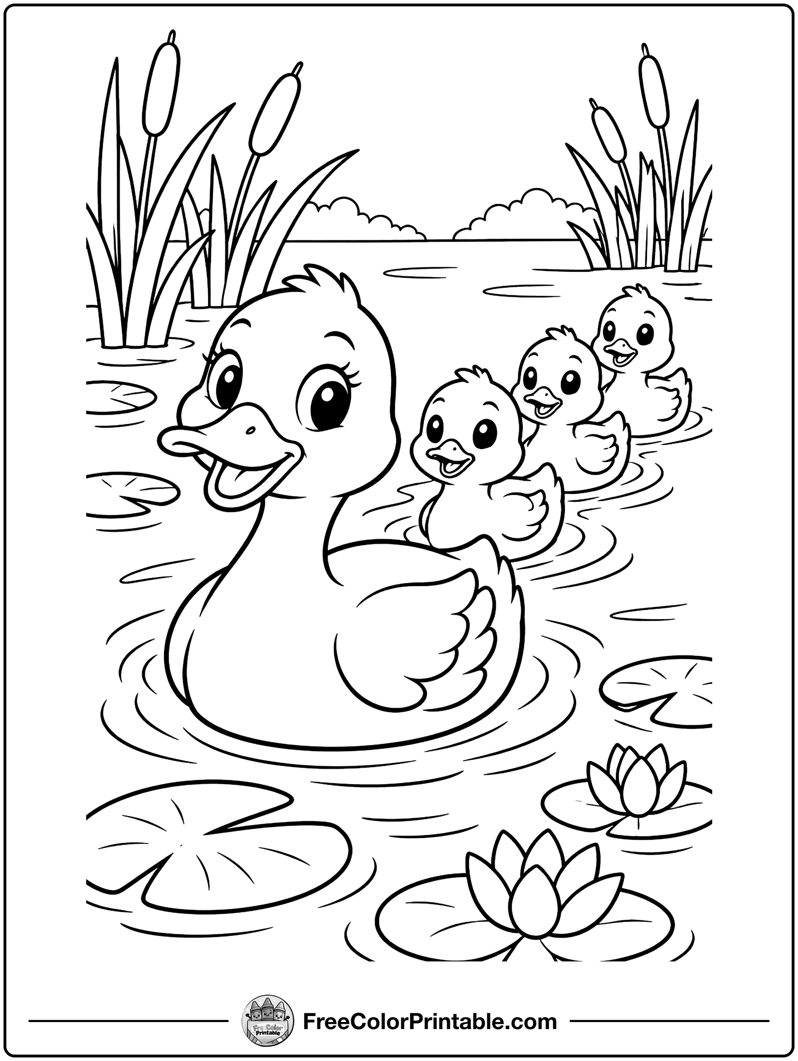 Duck Family at the Pond Coloring Page — free color printable