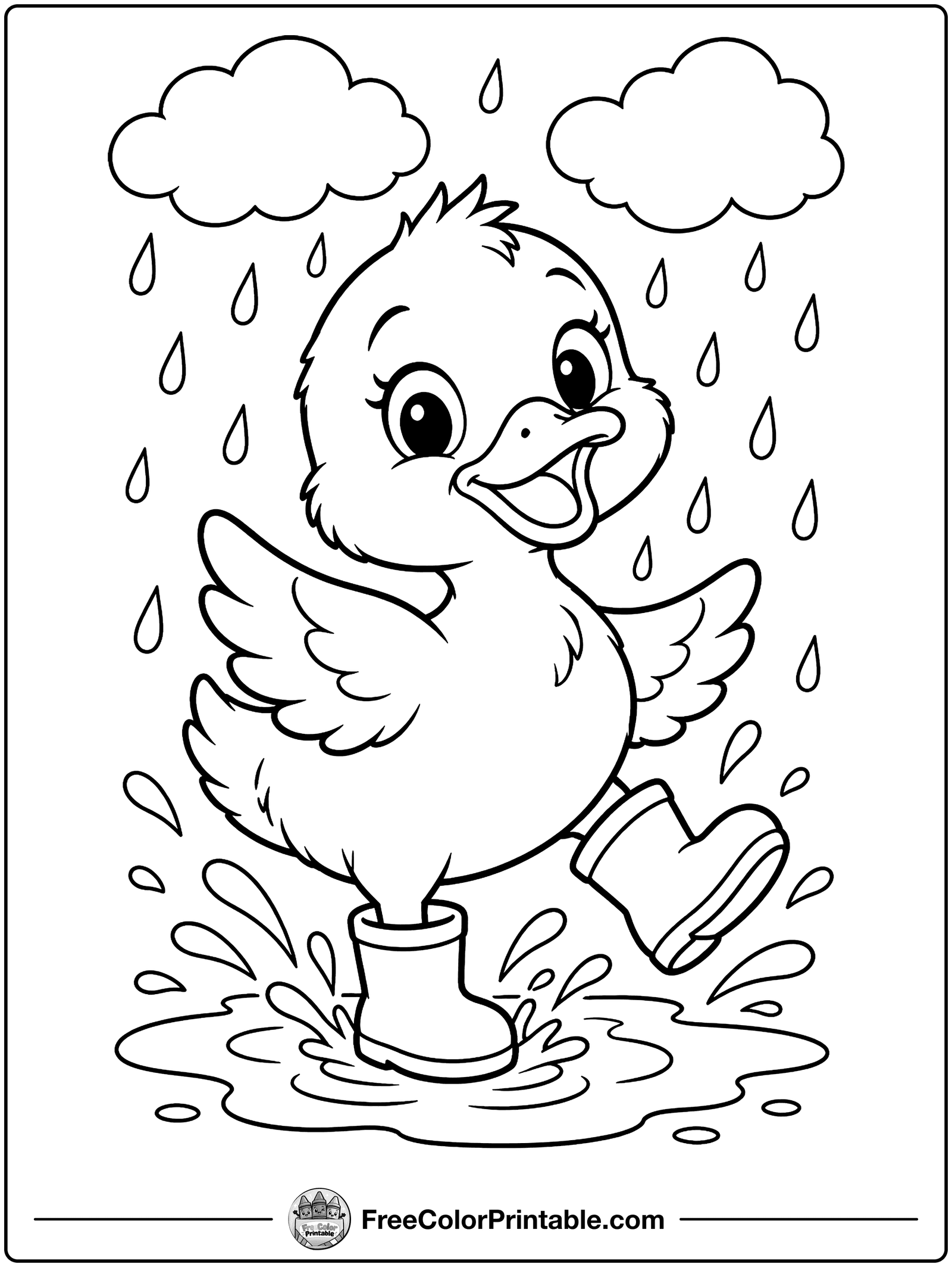Duckling in Rain Boots Coloring Page — free color printable