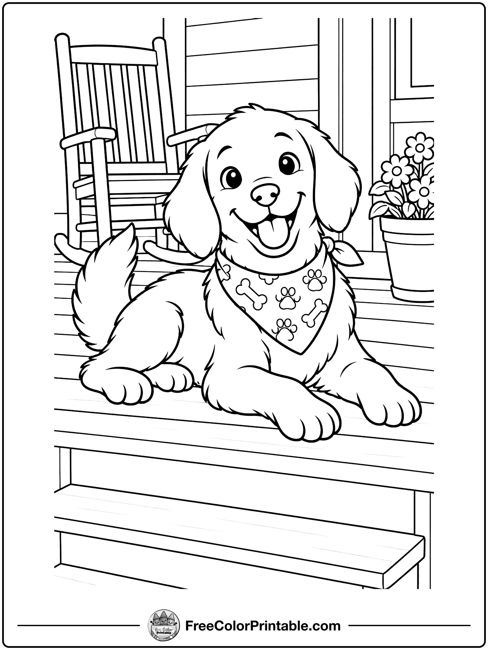 Farm Dog on the Porch Coloring Page — free color printable