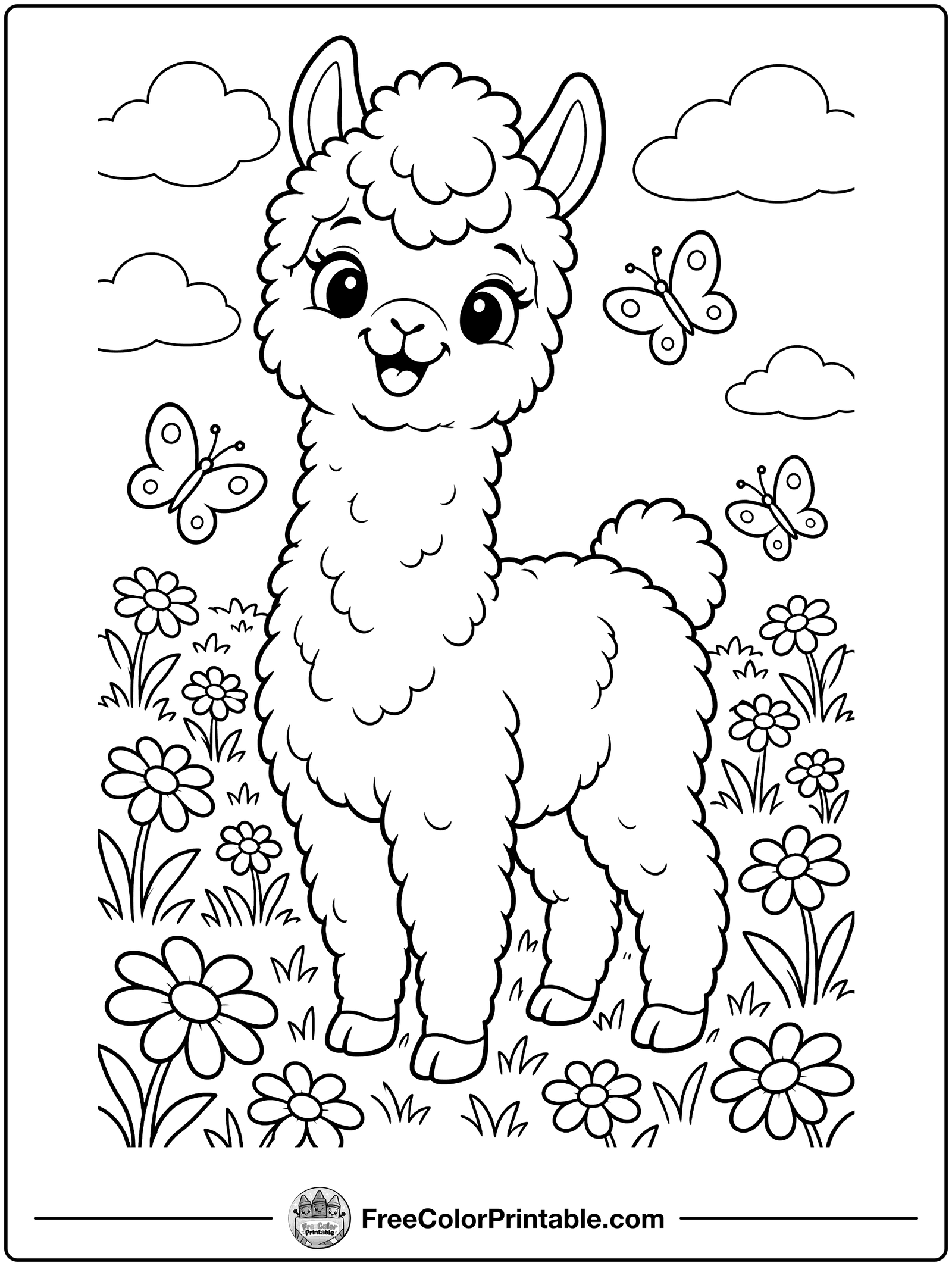 Fluffy Alpaca in the Daisies Coloring Page — free color printable