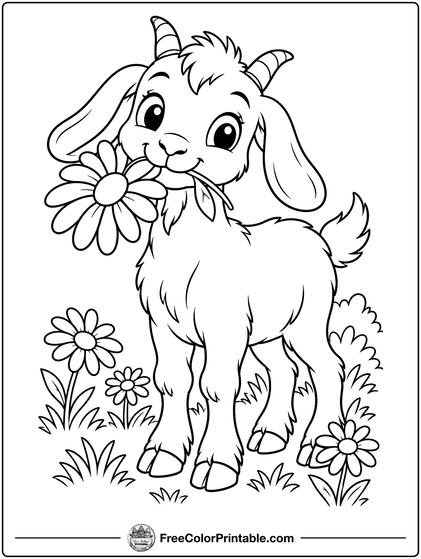 Goat Eating a Big Daisy Coloring Page — free color printable