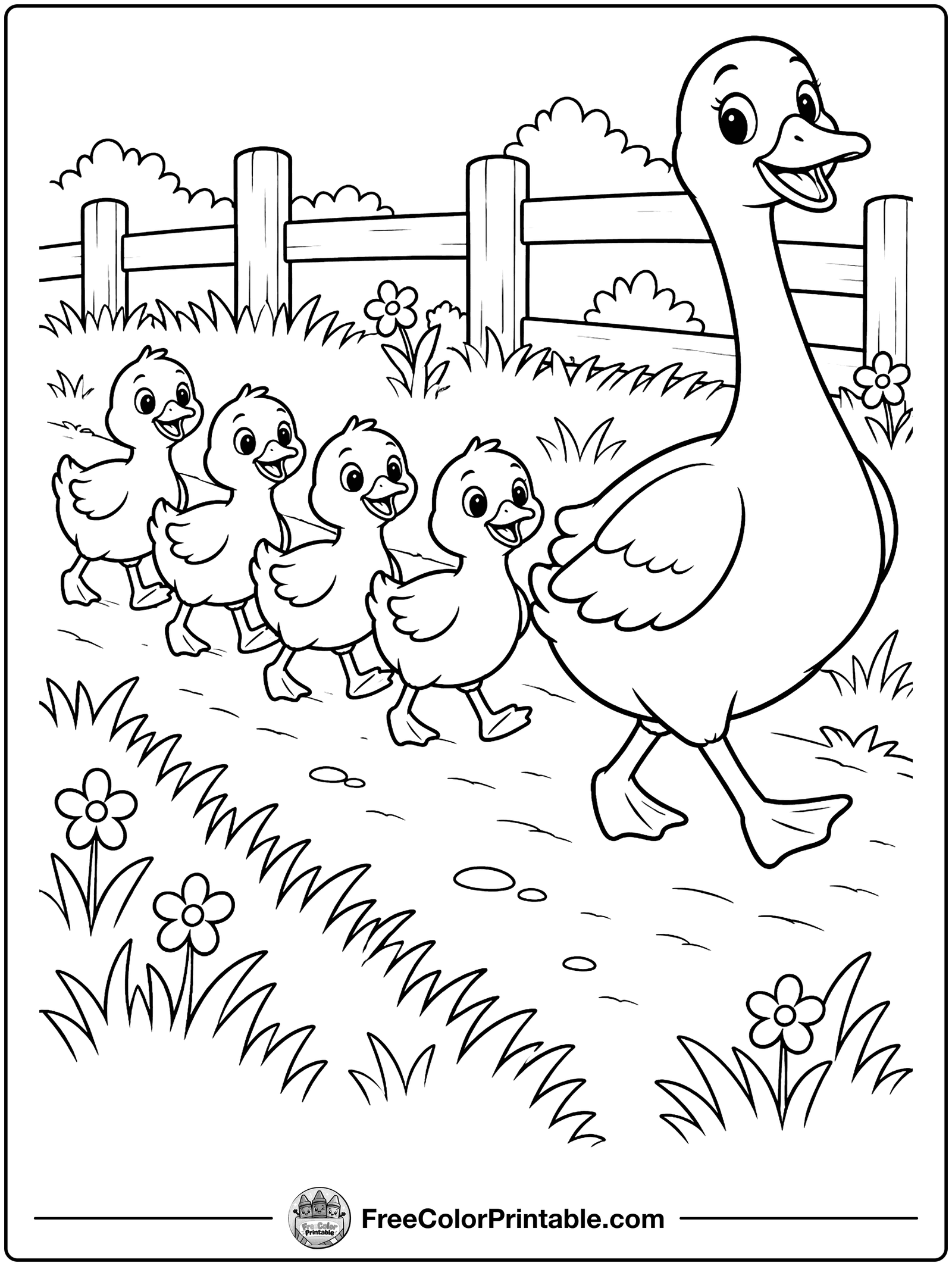 Goose and Goslings on the Path Coloring Page — free color printable
