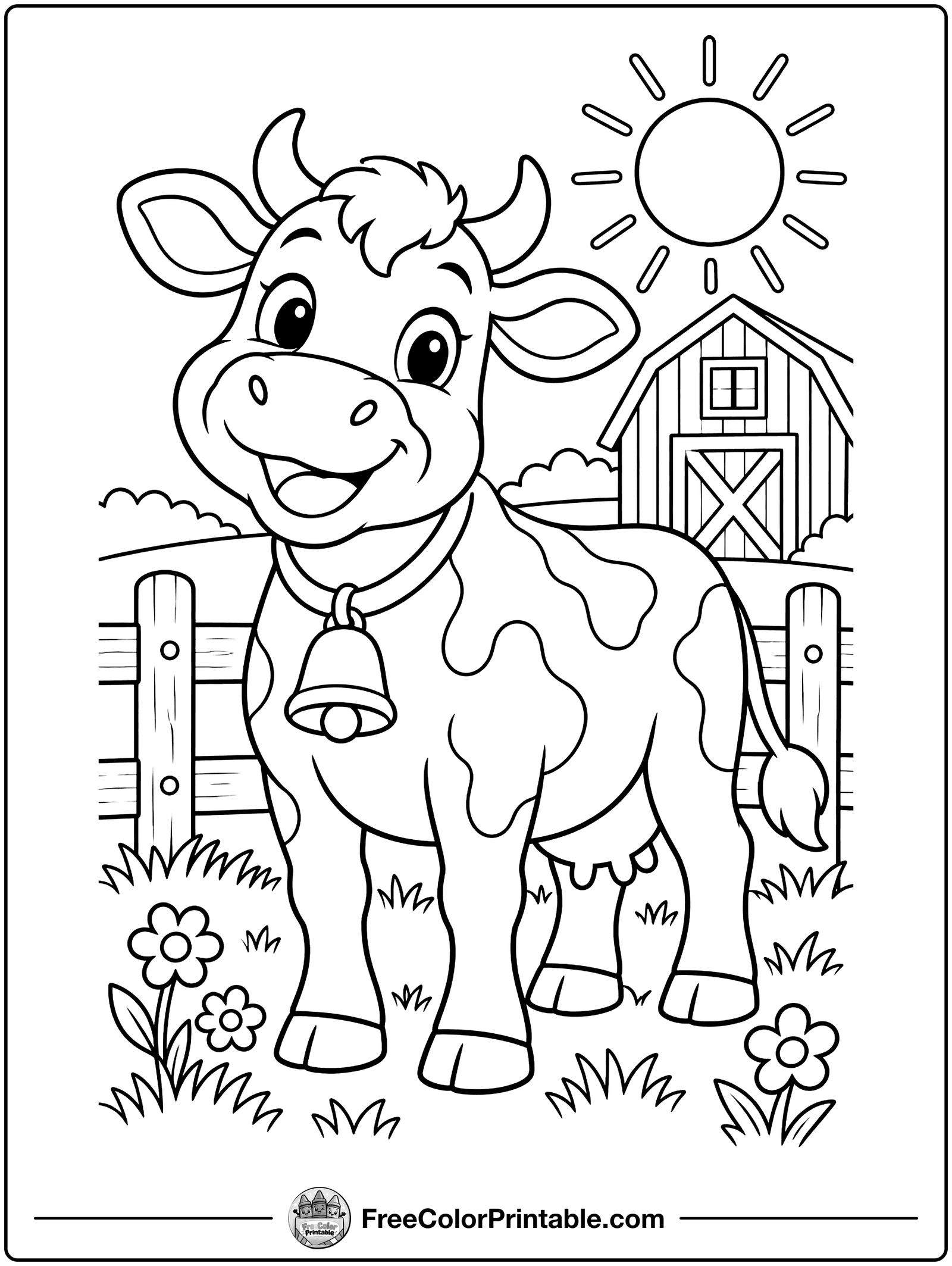 Happy Cow in the Farmyard Coloring Page — free color printable
