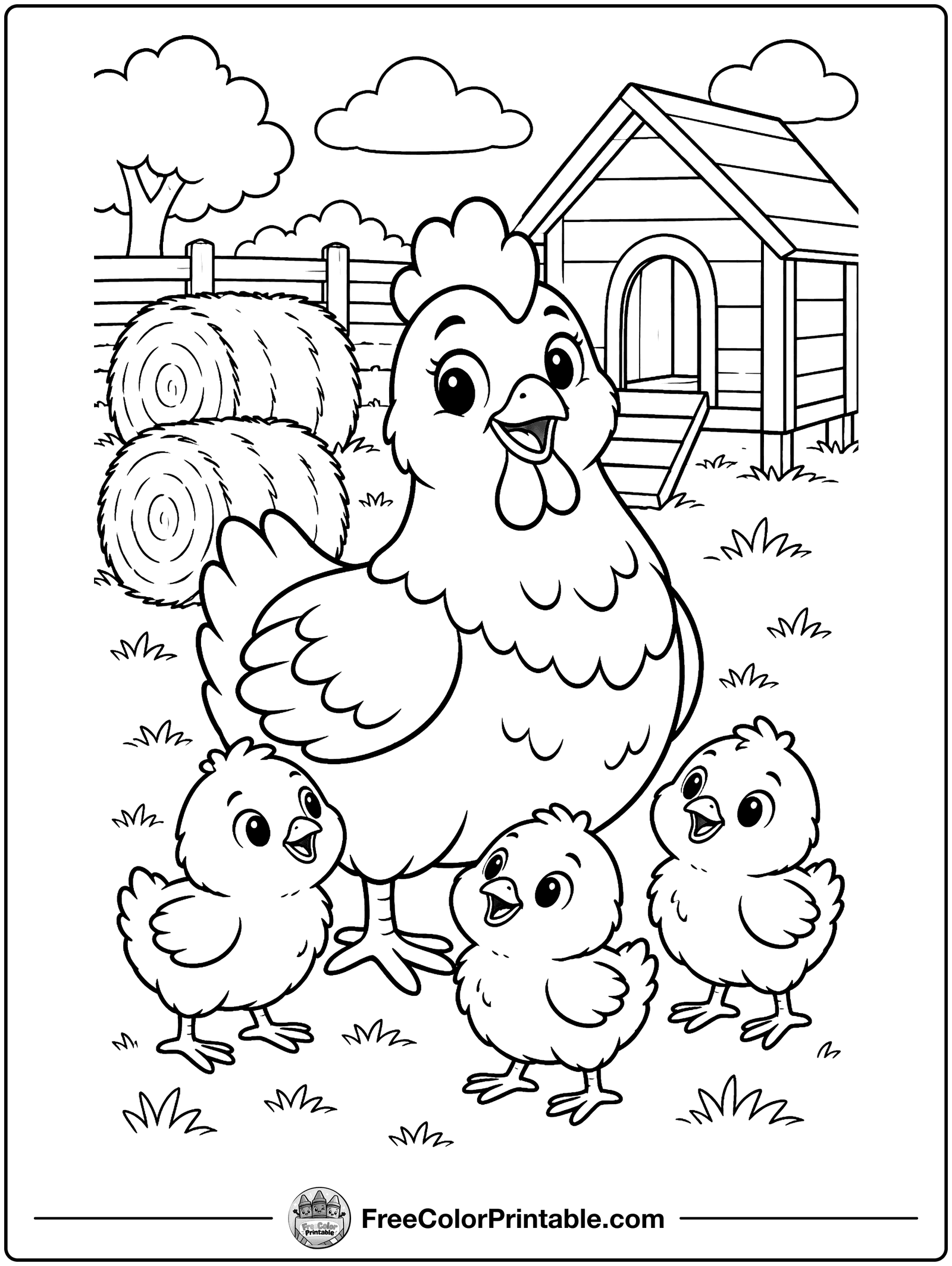 Hen and Her Chicks Coloring Page — free color printable