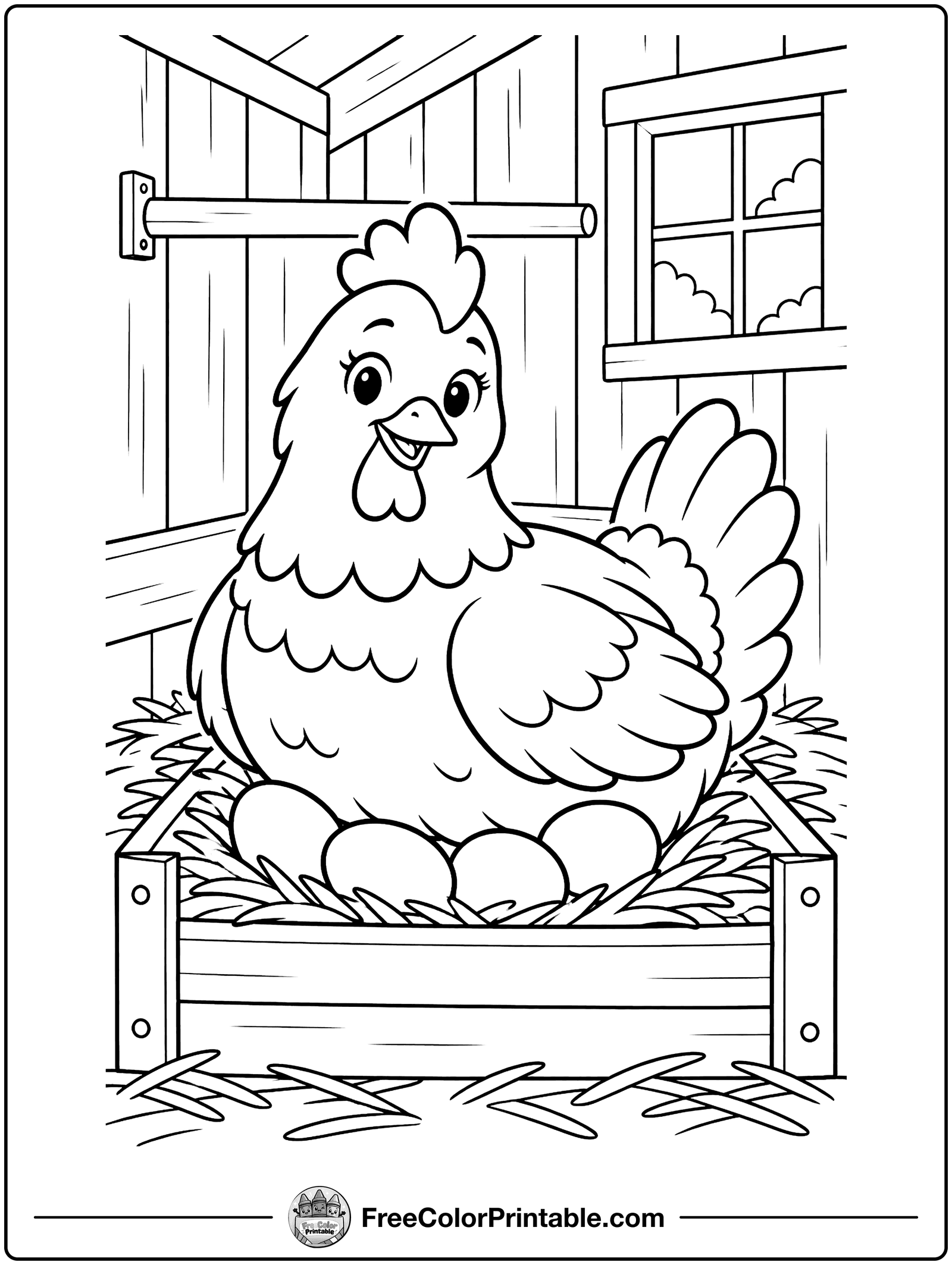 Hen Sitting on Her Eggs Coloring Page — free color printable