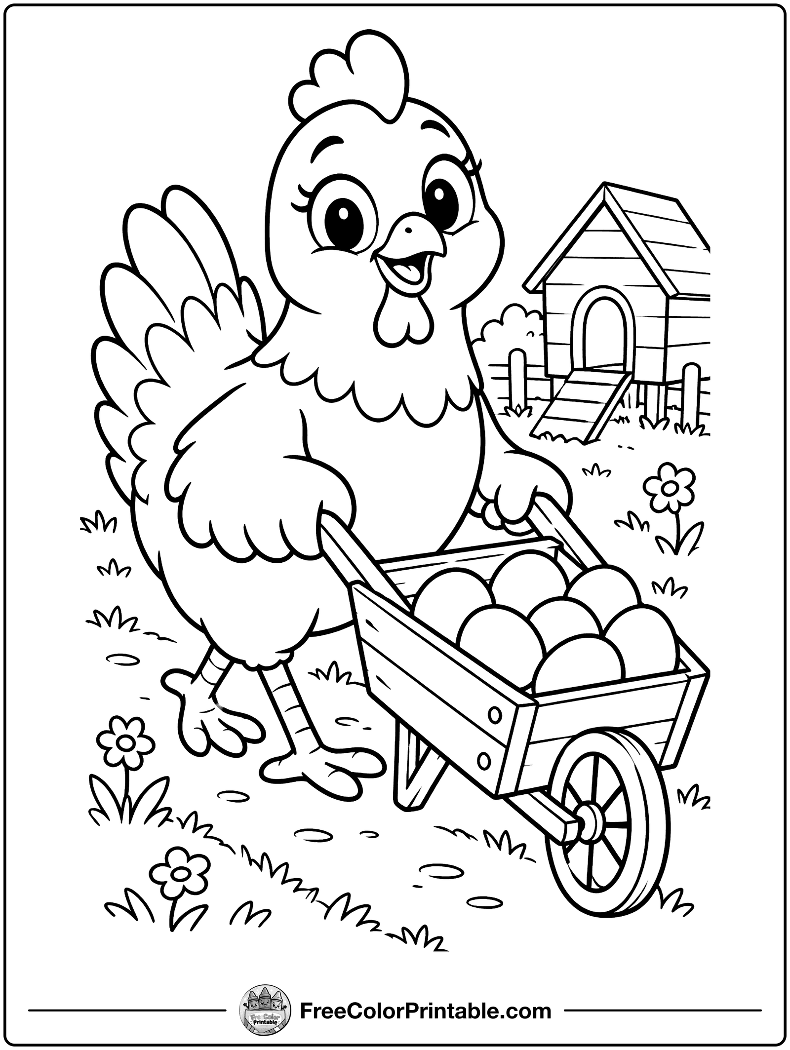 Hen with a Wheelbarrow of Eggs Coloring Page — free color printable