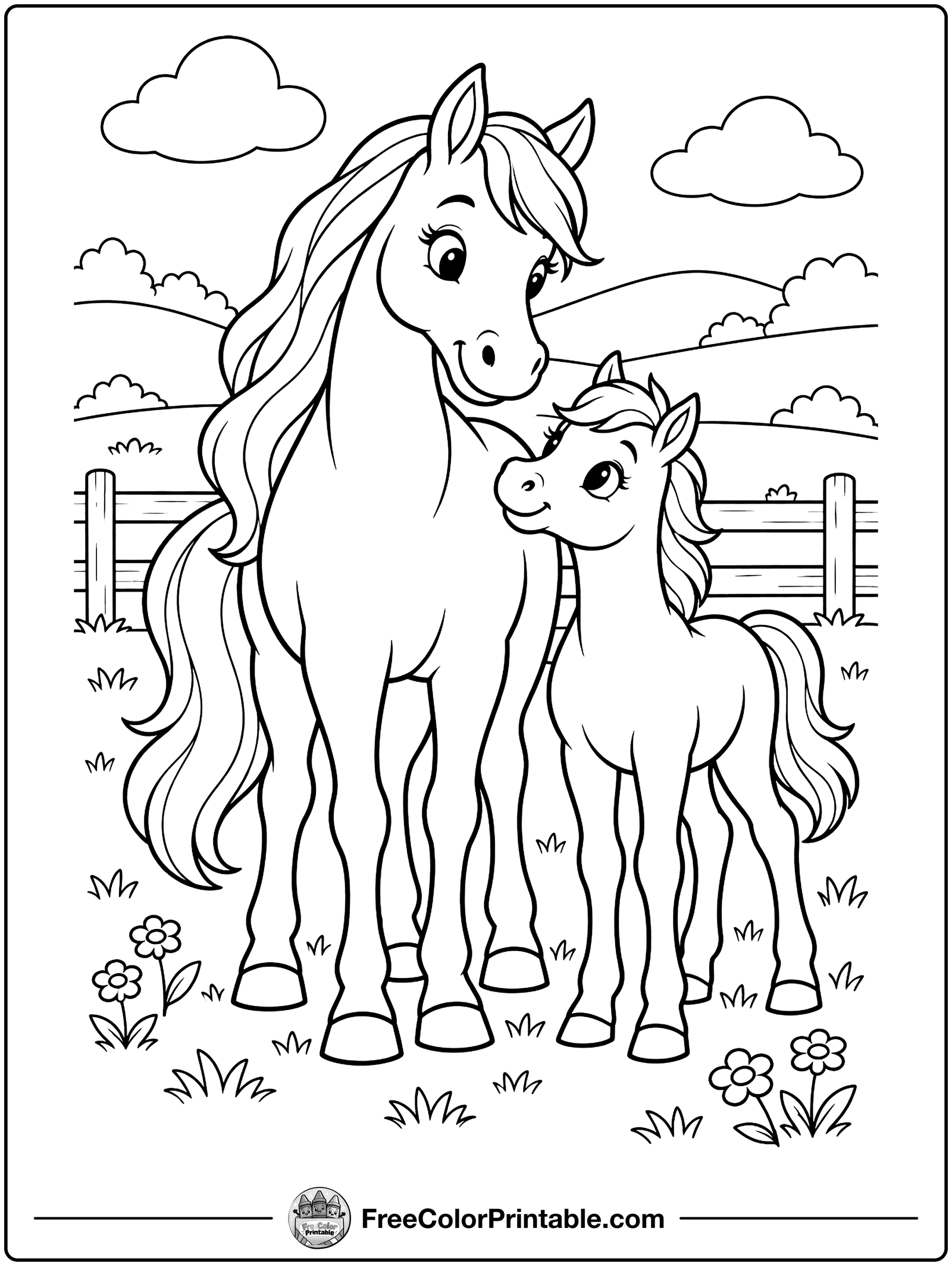Mother Horse and Her Foal Coloring Page — free color printable