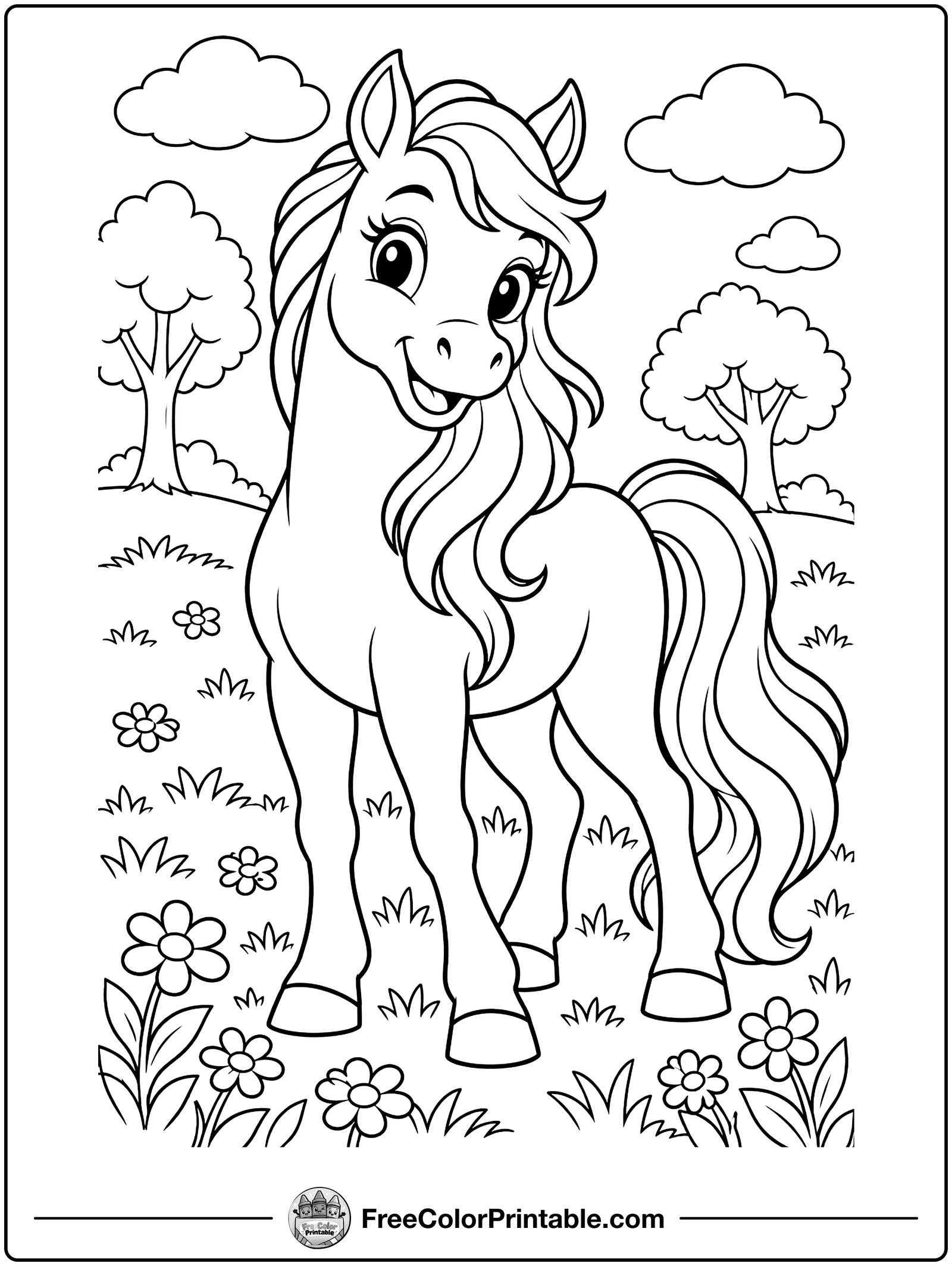Horse in the Meadow Coloring Page — free color printable