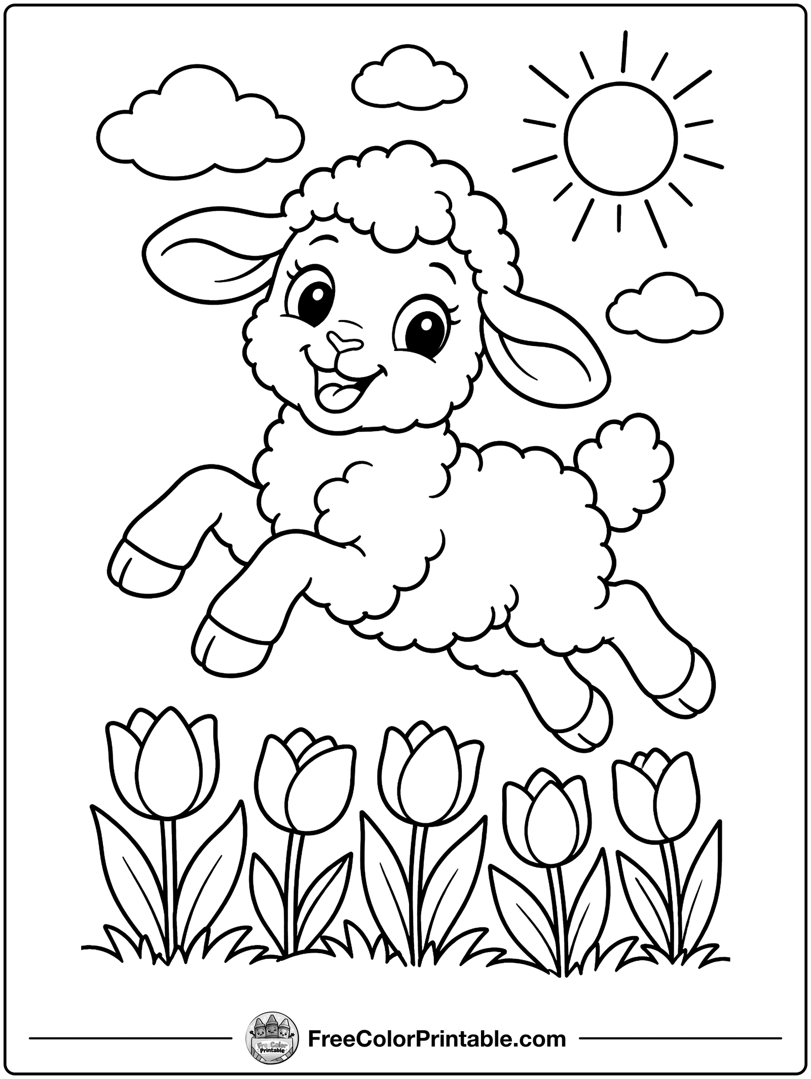 Lamb Leaping Over Tulips Coloring Page — free color printable