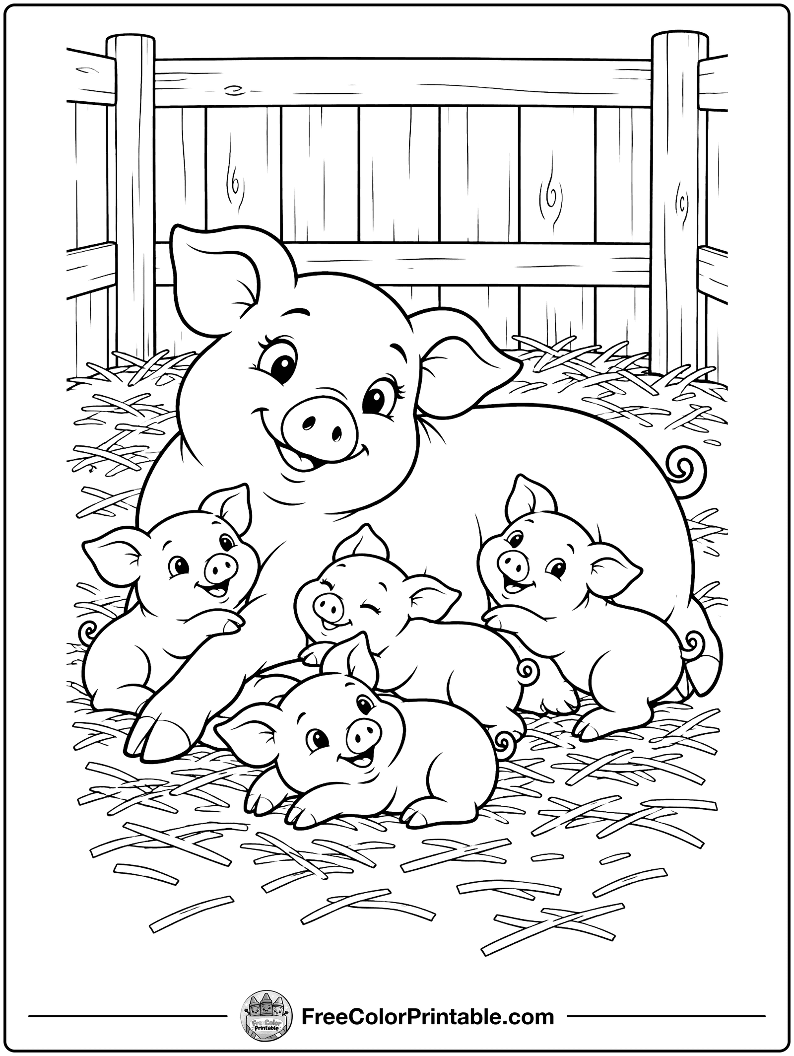 Mother Pig and Her Piglets Coloring Page — free color printable