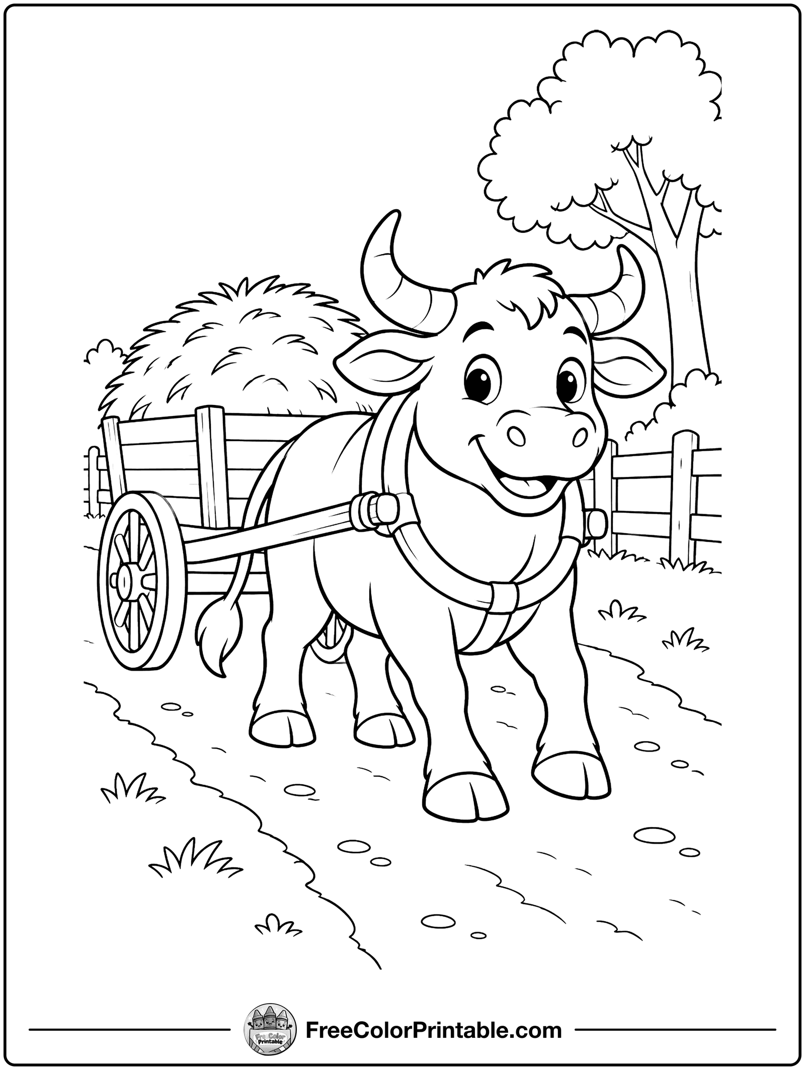 Ox Pulling a Hay Cart Coloring Page — free color printable